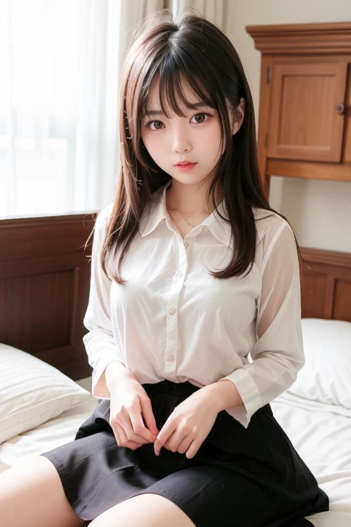 Bangs that flow between the eyes、Sexy big 、16 year old cute little smile、Shiny, bright, straight, super long hair、Brown Hair、Cute and beautiful long, smooth bangs covering the area between the eyes、Long, straight, silky hair、sexy and cute beautiful young girl、clear, white and Shiny skin、Shiny skin、Beautiful Face、Beautiful brown eyes that shine so brightly、Very big eyes、Small Face Beauty、Perfect beauty、(Full body 2:1)、(high school girl)、(Girl's Room)、On the bed、uniform、Sailor suit、Short sleeves、Navy blue short skirt、Navy blue knee socks、Leather shoes、Her white pants are slightly visible、Sexy pose、gravure、 information