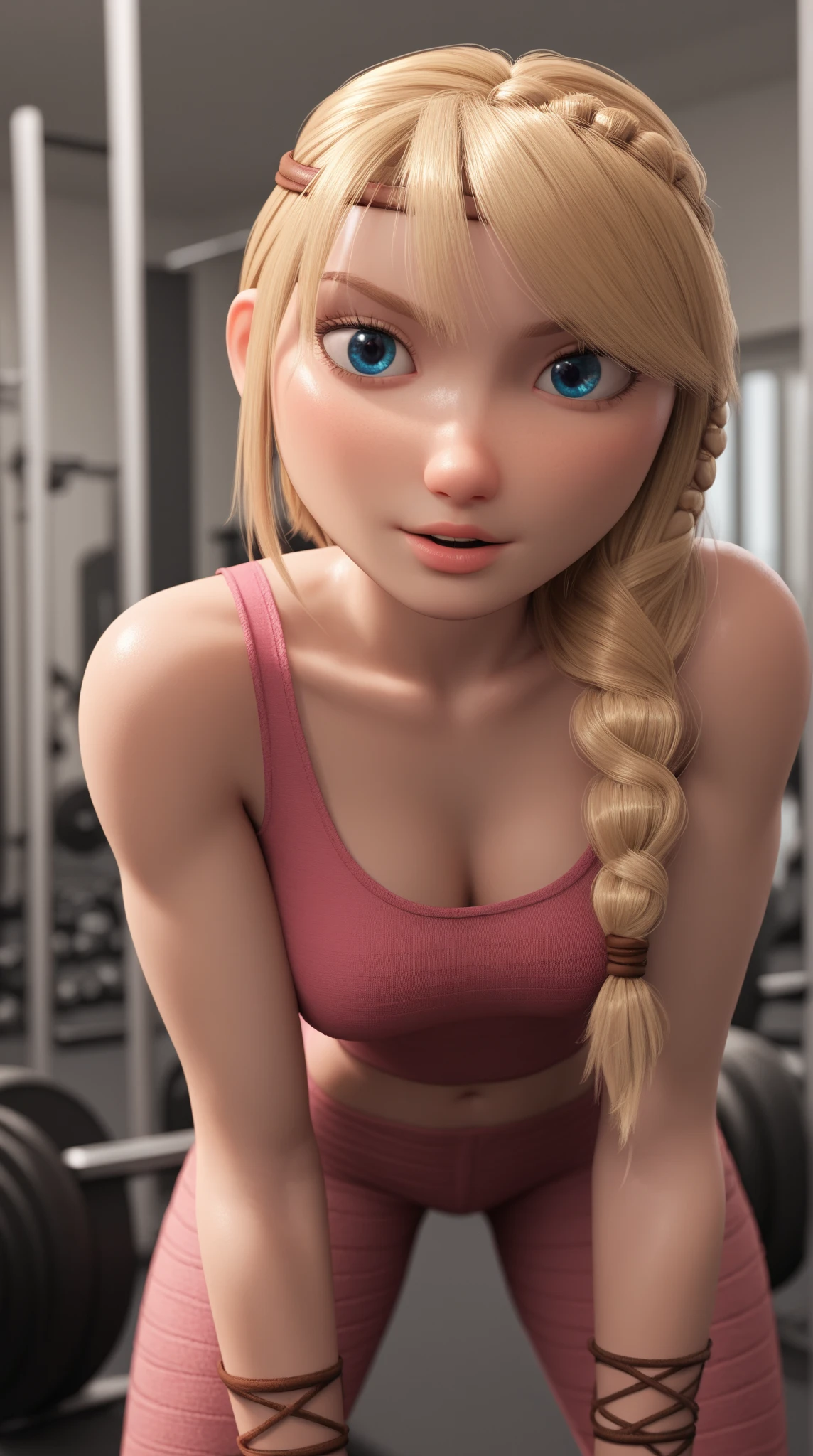 Photo of Anna of Arendelle wearing Blue gym outfit, v neck tshirt smile blushing, close-up, some slime spills on her breasts, ponytail hair in gym look, indor