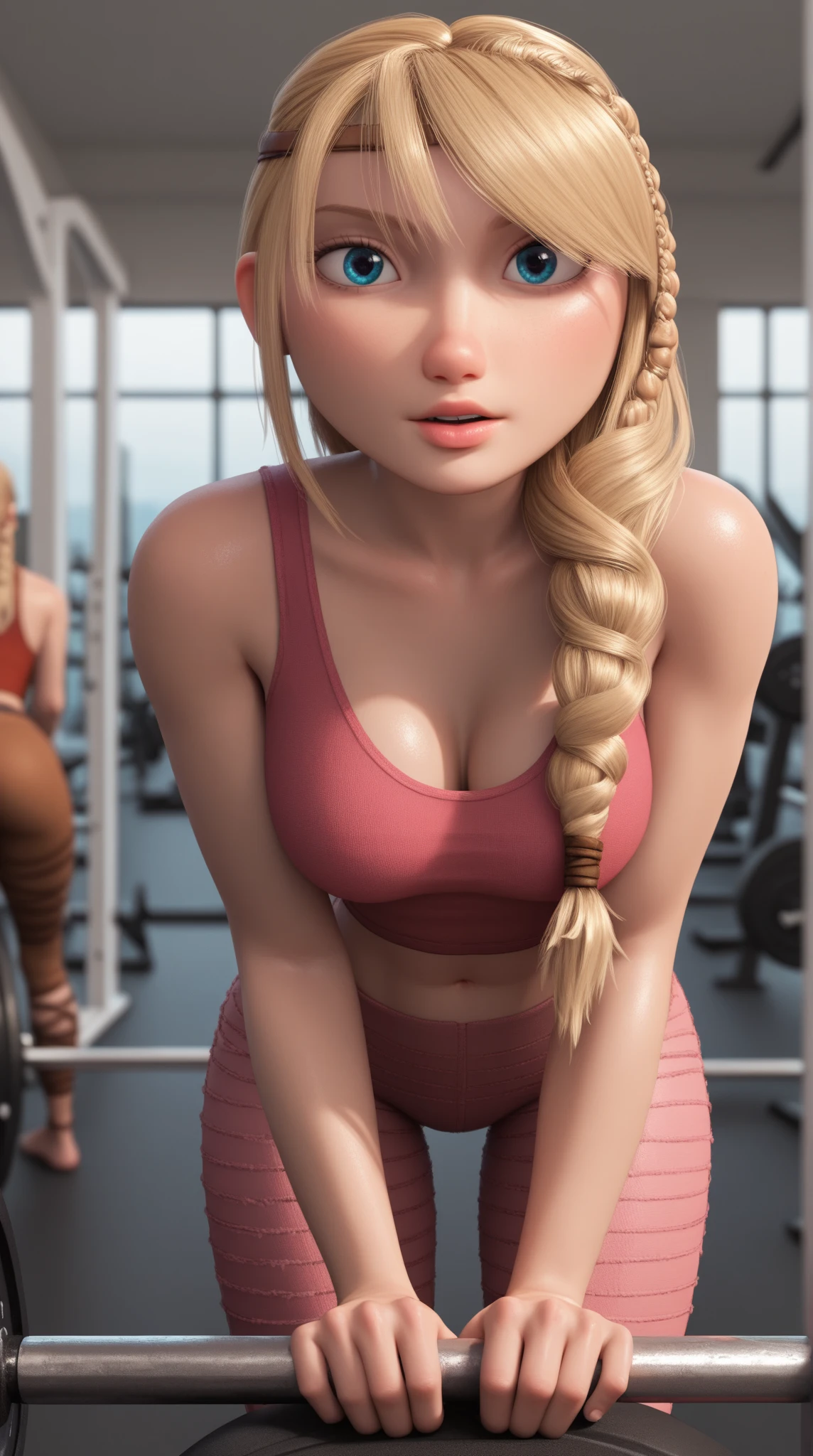 thepit bimbo, loli, 1 girl, blonde hair, long hair, petite, flat chest, pink crop top, gym shorts
