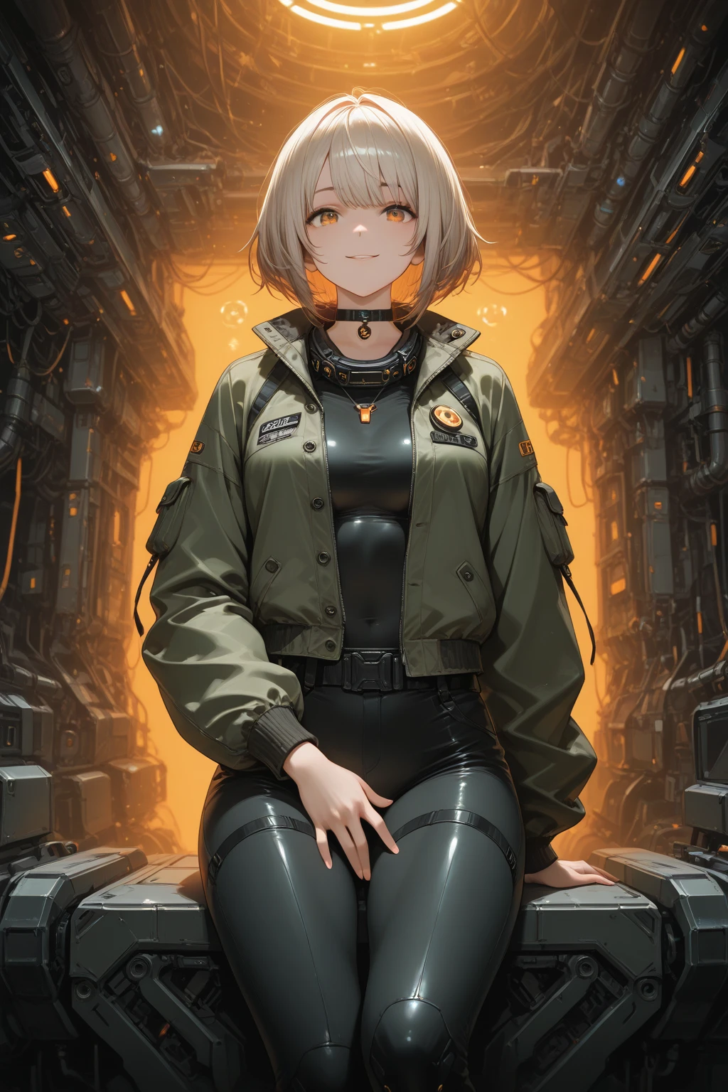 whole body, (mechanic's jumpsuit), absurdres, RAW photo, extremely delicate and beautiful, masterpiece, Best Quality, ultra high resolution, 32k, hyperrealistic, ultra-detailed, detailed description, pale skin, 20 years old, detailed beautiful face and eyes, tearful mole, earring, Colossal tits, short medium hair, wavy hair,