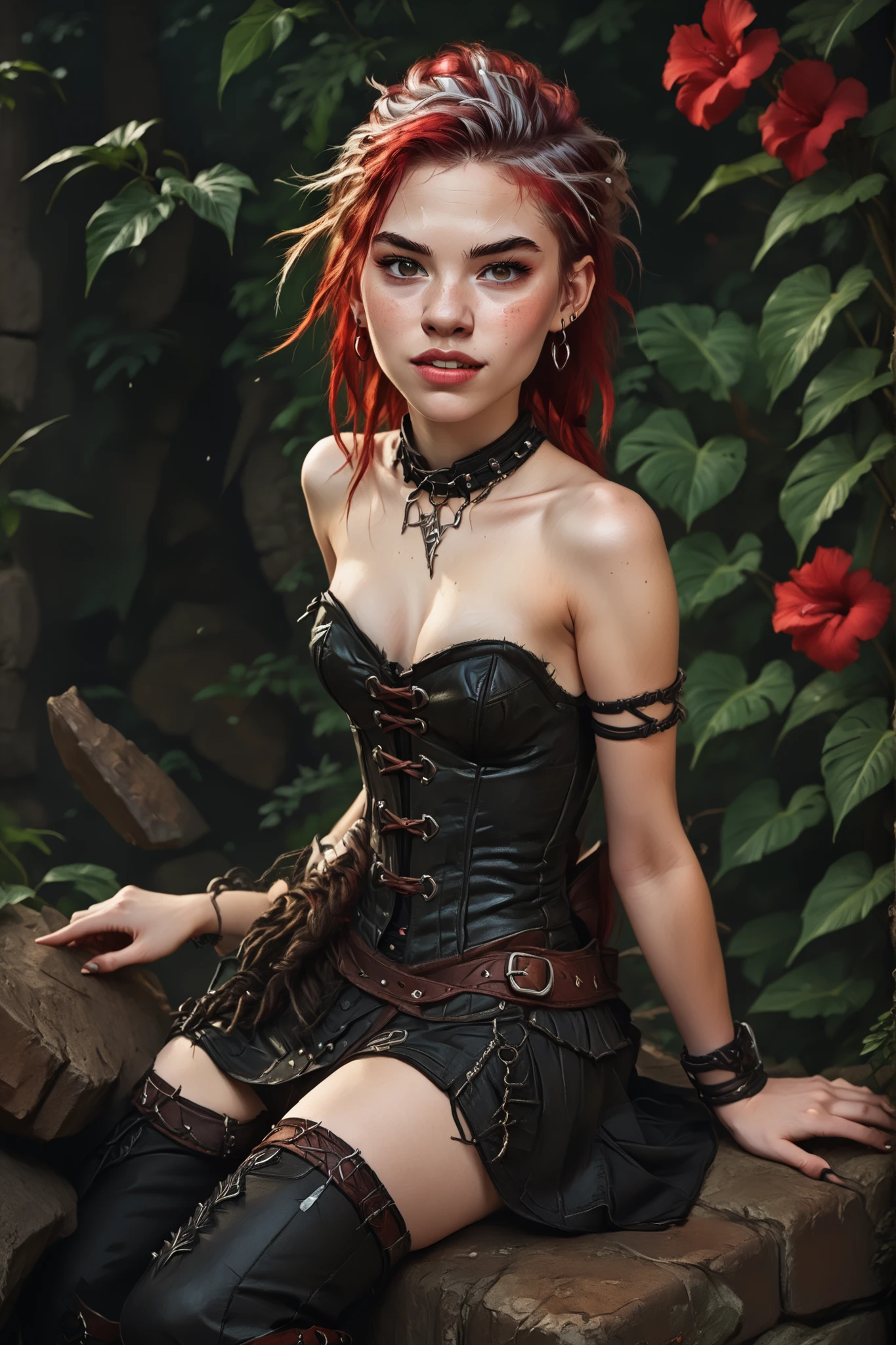 Slender body. White skin. Cute 18-year-old girl with big Asian red eyes and unnaturally sharp teeth and dreadlocks with white highlights. Sharp and pointy teeth. She has a cute and beautiful face. She has a round and young face with a pointy chin. Her body is athletic with abs. She wears an shiny intricate leather dress with corset. Background: medieval jungle ruins. Realistic lighting. DnD art-style. fake box art, semi-realistic, Looking at the viewer.