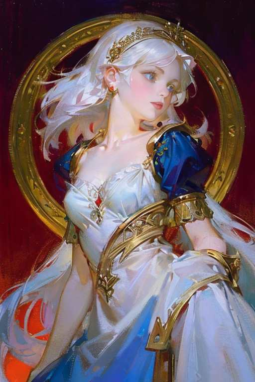 neon, garden, red and blue tones, a girl dressed in a pale white simple silk dress with silver embroidery, a face similar to Daenerys, long white hair, stunning blue eyes, expressive breasts, gold jewelry, delicate face, intricate details, beautiful fantasy setting, 8K, HD