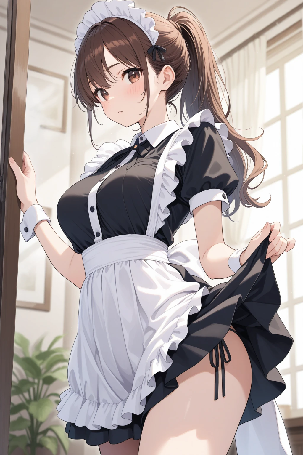 One Woman、beautiful girl、maid、20-year-old、ponytail、Western-style building、maidの、Calm look、Drooping eyes、柔らかなsmile、A motherly expression、Baby Face、頭にmaidカチューシャ、Short skirt、Black Pantyhose、Ultra-high definition image quality、Highest quality, smile,Big Breasts、Very large breasts、Wipe the floor with a rag、Cleaning the floor with a hand-held mop.、Squint your eyes and smile、Bend down to clean the floor、Cleaning the floor on all fours、Turn your butt towards the viewer、Back pose