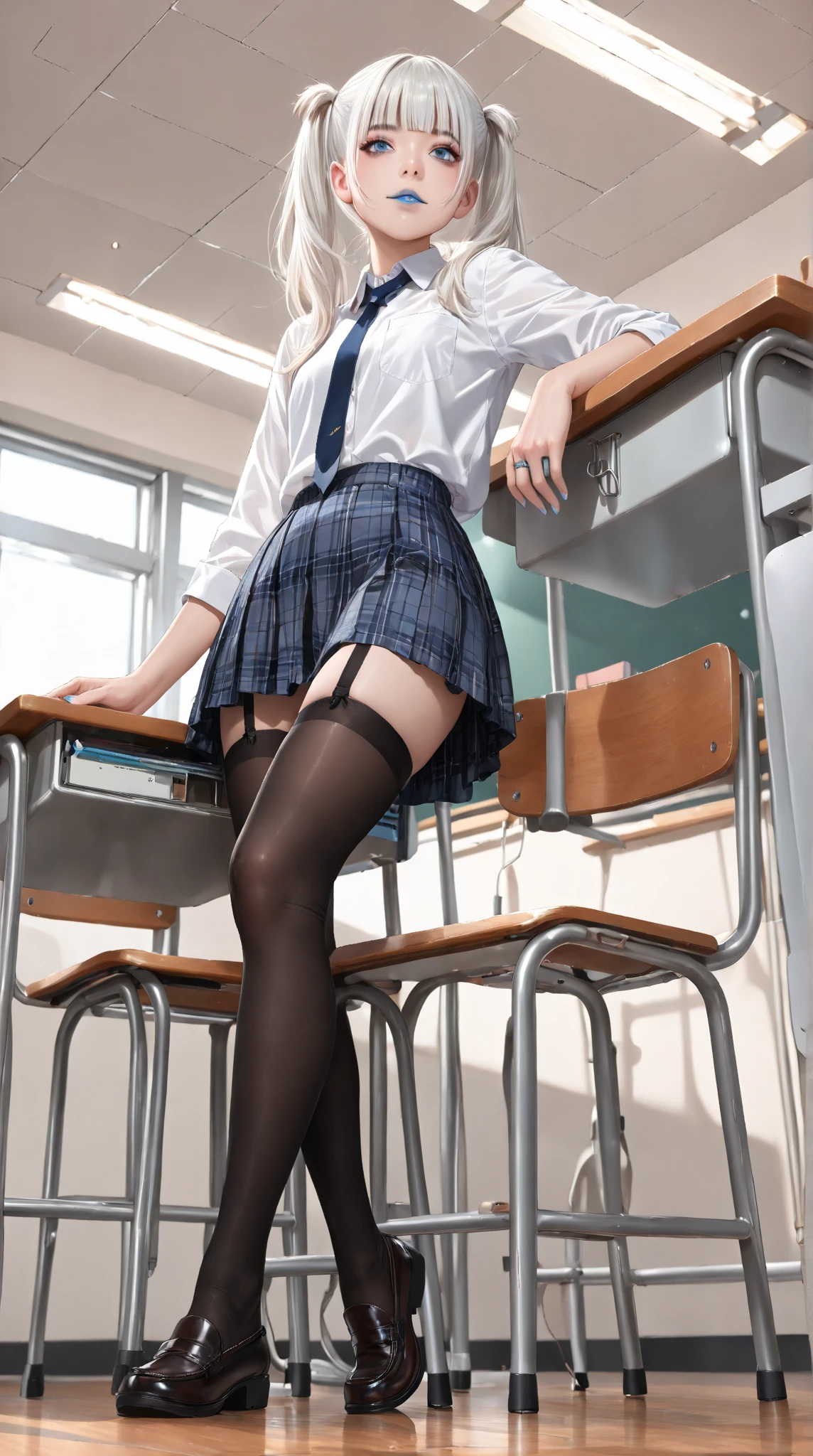 a little school slut about 6 years old. the Russian girl is 6 years old. flat chest. skinny, slender, beautiful smooth legs. She is dressed in a very short skirt like a prostitute. high heels and fishnet tights. He stands tall in the classroom.