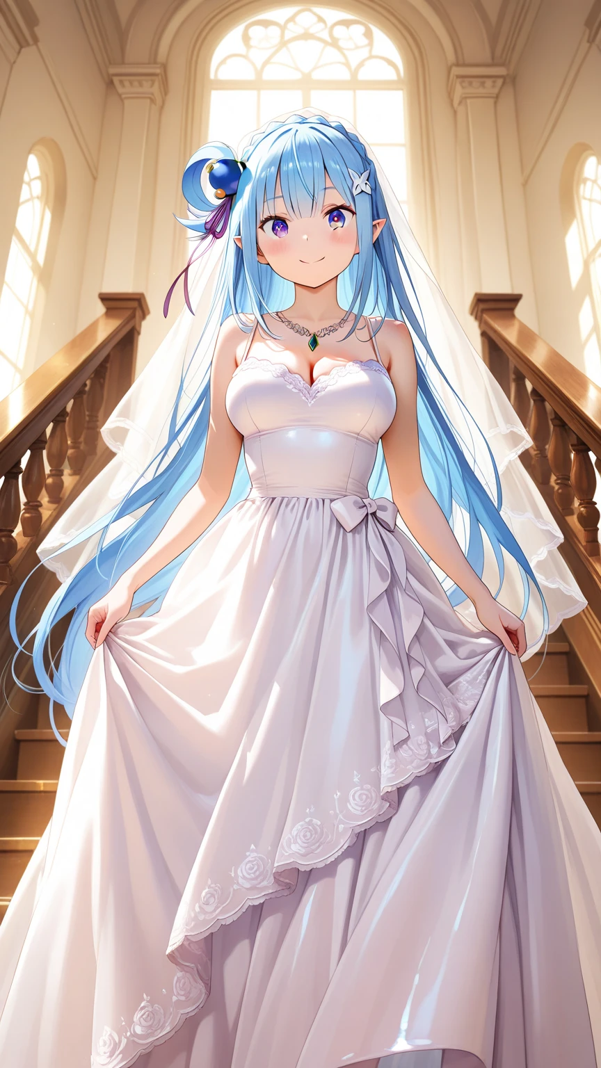 prinz eugen \(warship girls r\),1girl,solo,(8k, masterpiece:1.2),highly detailed,ultra-detailed,masterclass,hair_between_eyes,braid,perfect lighting,medium breasts,hair ornament,(detailed facial features),full body,long_hair,blush,feathers hair ornament,(dark blue wedding dress:1.2) night,windows,indoors,light,indoors,carpet,illustration,cowboy shot,masterpiece,best quality,(MediumBlue evening dress:1.2),blue long hair(delicate hair),red eyes(delicate eyes),