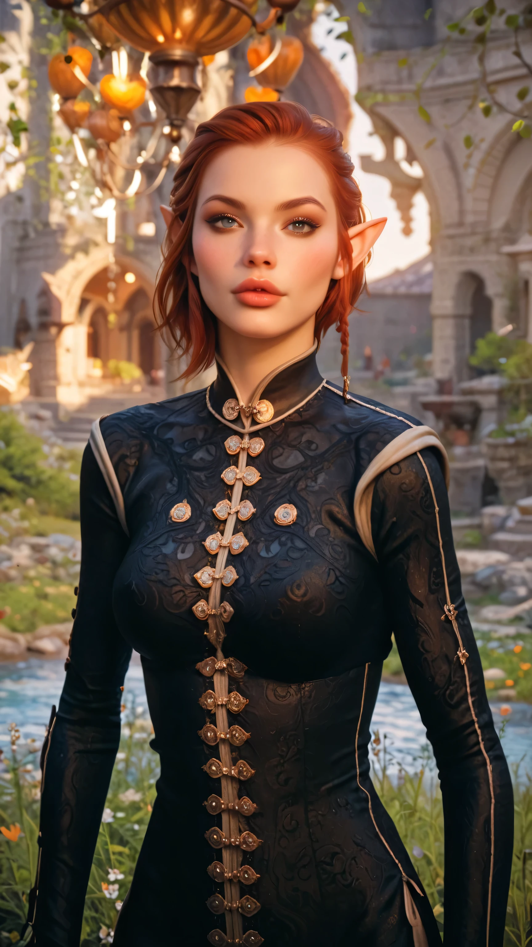 dragon age inquisition, elven character, elf woman, she has elf ears, female character, Perfect round medium breasts, short red lesbian hair, juicy lips, sexy body, slim waist, thin, skinny, silk, ornate embroidery