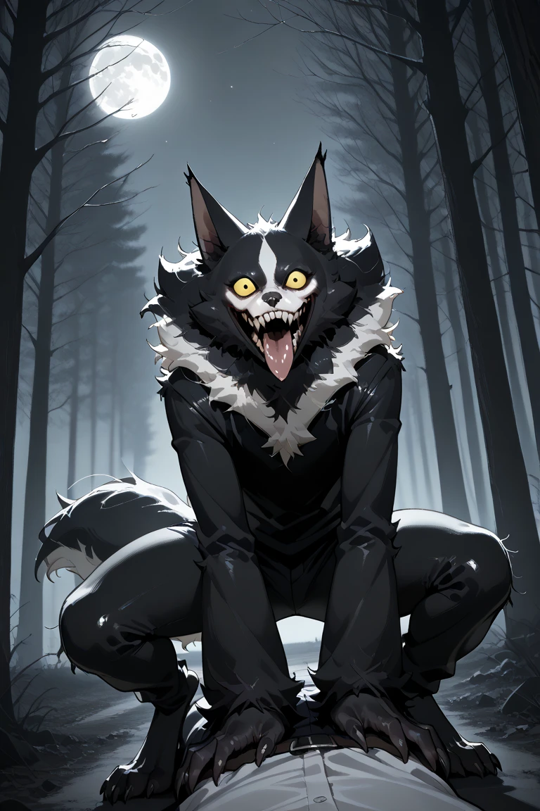 scp-1471, uploaded on e621, black canine, all black furry body, female, full body shot, wolf skull face, glowing white eyes, black sclera, black dog tail, black pointy ears, black hair, by fumiko, by hyattlen, by hioshiru, in a dark industrial laboratory, seductive pose, on the ground, crawling towards viewer, tongue out, black tongue
