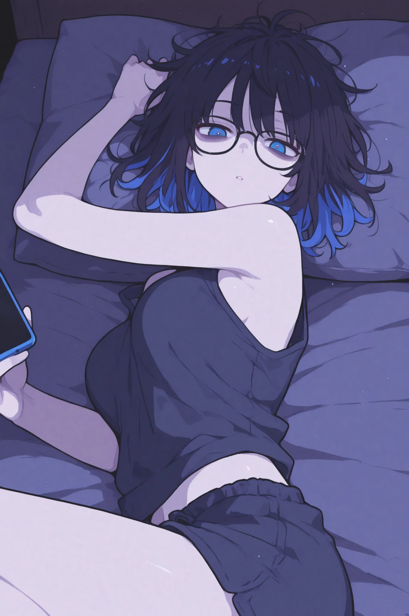 (best quality:1.2, top quality, highest resolution:1.2, masterpiece:1.3, high quality, high res, 4k), (visual effects), depth of field, sparkle sparkle, bokeh, soft colors, [full body shot], [detailed] ((one girl, skinny body,  size, short hair, high ponytail hairstyle, dark blue outer hair, (cyan inner hair), pink eyes, wears contact glasses)). (wears spiked collar, casual outfit, napping on the bed) 