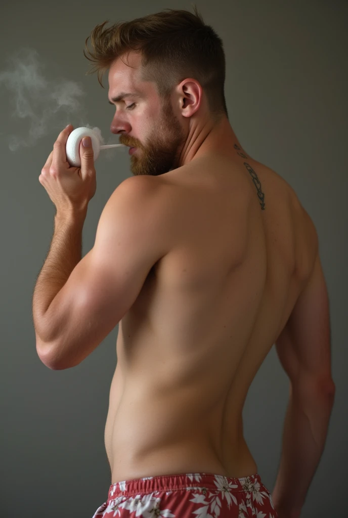An attractive transsexual, naked and holding his erect penis