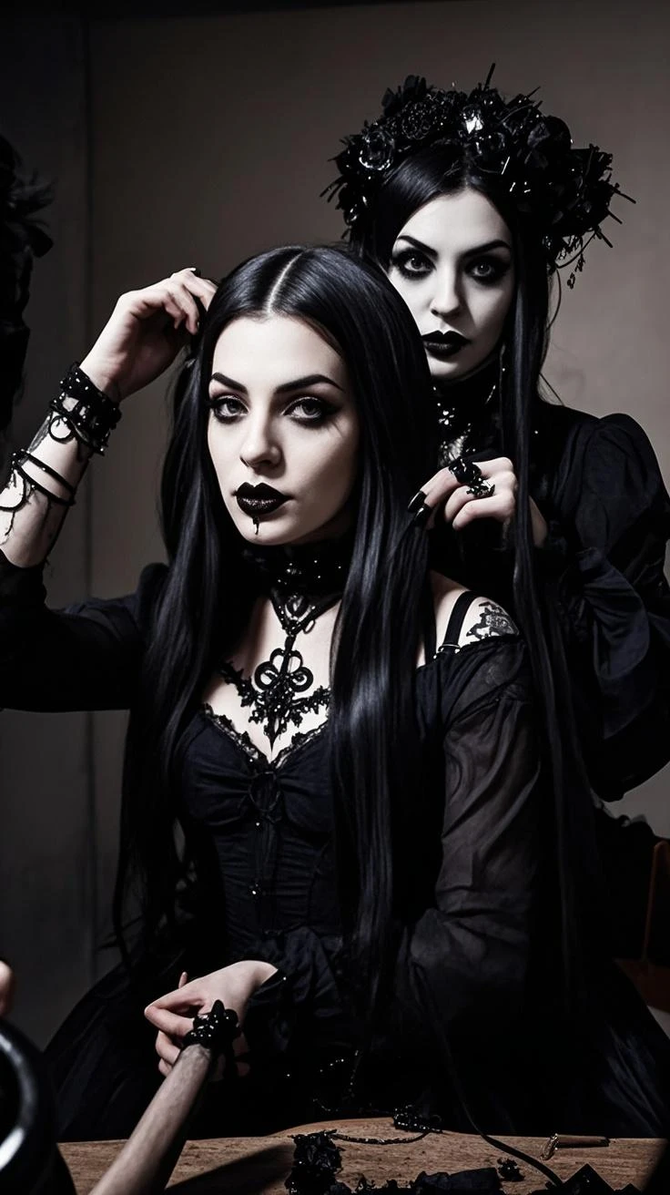(gothic,pale,beautiful,serious)girl with (vibrant,purple), (piercing,deep)eyes filled with (dark,haunting)desire and (mysterious,unyielding)resolve. The (hauntingly,ethereal)atmosphere is (filled,tinged)with (subtle-melancholic-gothic)colors, as the (faint,flickering)candlelight (gently)dances upon the (damp,cobblestone)pavement. The (detailed,ornate)skull is adorned with (intricate,elaborate)carvings, its (empty,hollow)eye sockets (shining,glowing)with a (mystical,otherworldly)light. The girl's (ivory,pale)skin contrasts against the (deep,rich)colors of her (elegant,fitted)black dress, (accentuating,enhancing)her (graceful,elegant)silhouette The scene exudes a sense of (dark,romantic)intimacy and (eternal,endless)love, creating a captivating blend of beauty and darkness. The (highly-realistic,detailed)artwork awakens a mix of emotions, inviting viewers to explore the (deep,dark)depths of the human psyche. The (best quality,high-res)(4k,masterpiece:1.2) image captures every (intricate,subtle)detail, immersing the audience in this (gothic)moment in time.