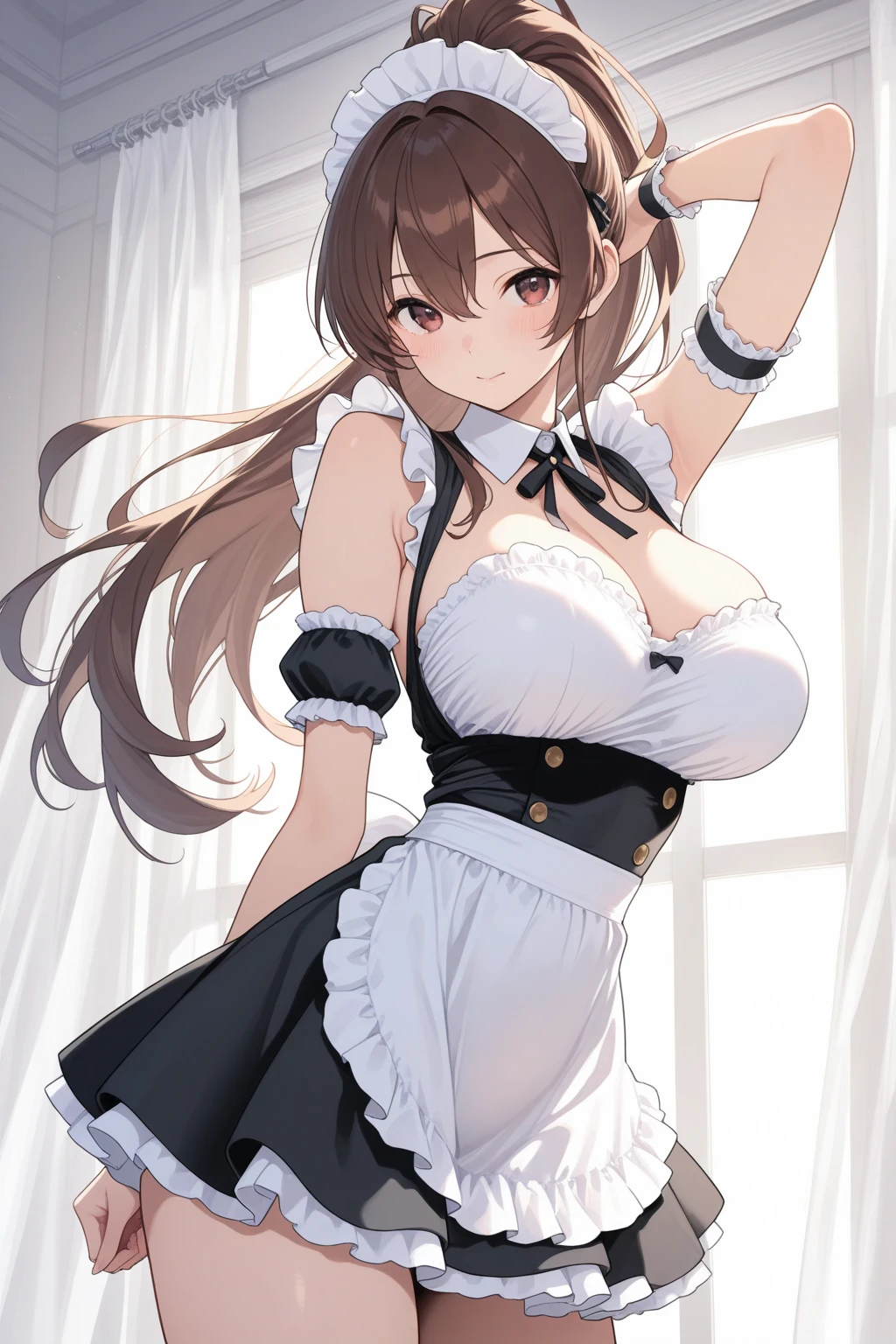 woman,Large Breasts,Maid clothes,Short sleeve,I can see the valley.Cute black gloves,Cat ears headband,Wear tights,Dark brown hair,Large Breasts,maid Cafe