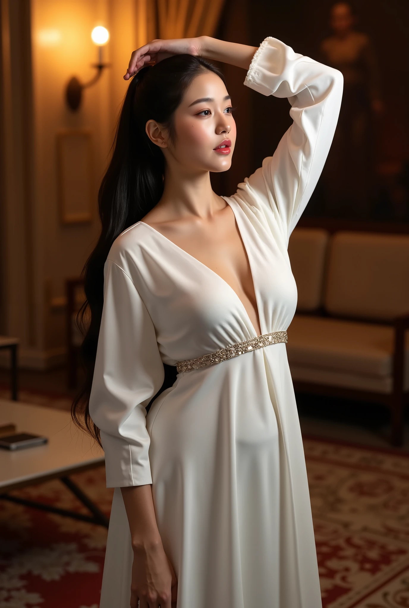 (RAW shooting, Photoreal:1.5, 8K, highest quality, masterpiece, ultra high resolution), ((((heavy snow, Blizzard)))), Highly detailed skin and facial textures:1.3, perfect dynamic composition:1.2, (In front of a shrine at night in a modern city, expression of sadness:1.0, Tears are flowing:1.0, cry with a broken heart:1.0), Slim office lady wet in the rain:1.3, cowboy shot, Fair skin:1.2, sexy beauty:1.1, perfect style:1.2, beautiful and aesthetic:1.1, very beautiful face:1.2, water droplets on the skin, (rain drips all over my body:1.2, wet body:1.2, wet hair:1.3), (Professional kimono dressing:1.1, Holding a bouquet of wet lilies:1.2, Wearing a wet silver kimono correctly:1.3), (Medium chest, Bra see-through, Chest gap),  (Eyes that feel beautiful eros:0.9, Too erotic:0.9, Bewitching:0.9), necklace, earrings, bracelet, wedding ring, Highly detailed hand and finger expressions