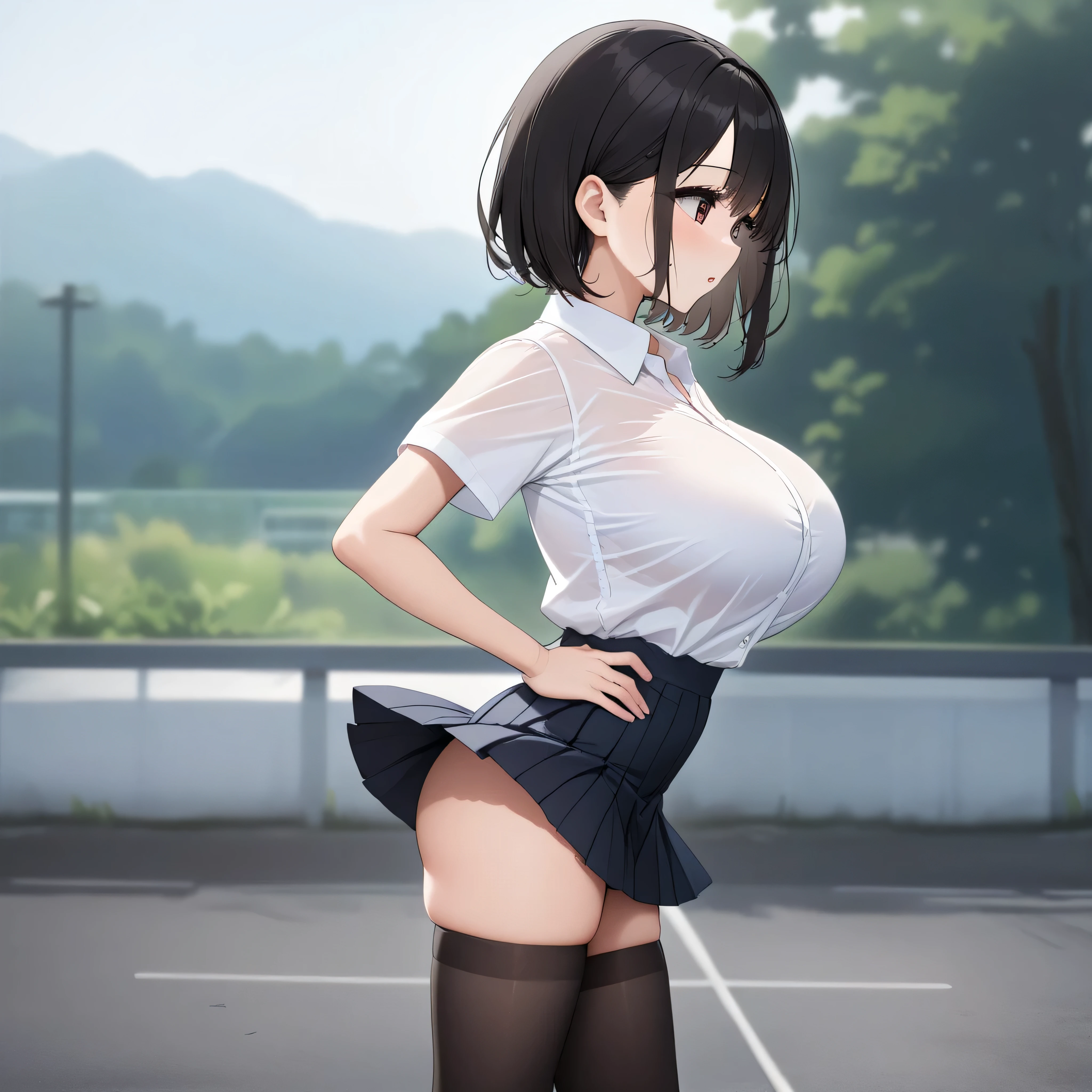 (elementary school), landscape, bra_visible_through_clothes, BREAK, sideview, solo, (1 little elementary school student standing), skinny girl, (bouncing large breasts), arched back, swaying back, arms behind back, BREAK, (bursting large breasts:1.1), too short torso, too narrow waist, skinny legs BREAK, school uniform, white collared shirts, white bra visible through shirts, two piece lingerie, (flapping black too short high-waist skirt:1.3), (slipping hip:1.4), black thighhighs