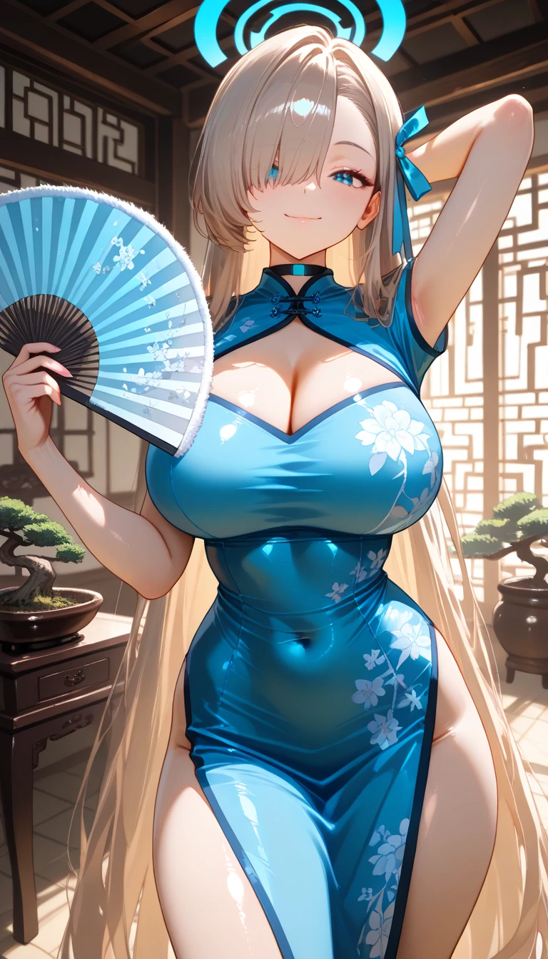 Nsfw, Medium shot photograph of a blonde girl getting wet in the rain, translucent blue dress, ((huge big breasts)), (rain: 1.5)), (wet face), (wet body), detailed skin, ((hair_over_eye)), ((heterochromia eyes blue_pink)), (background street to city), 64k, UHD, HDR, ((high quality)), masterpiece, ((intricate details)), (cover:1.5), majestic, 2d anime, style anime