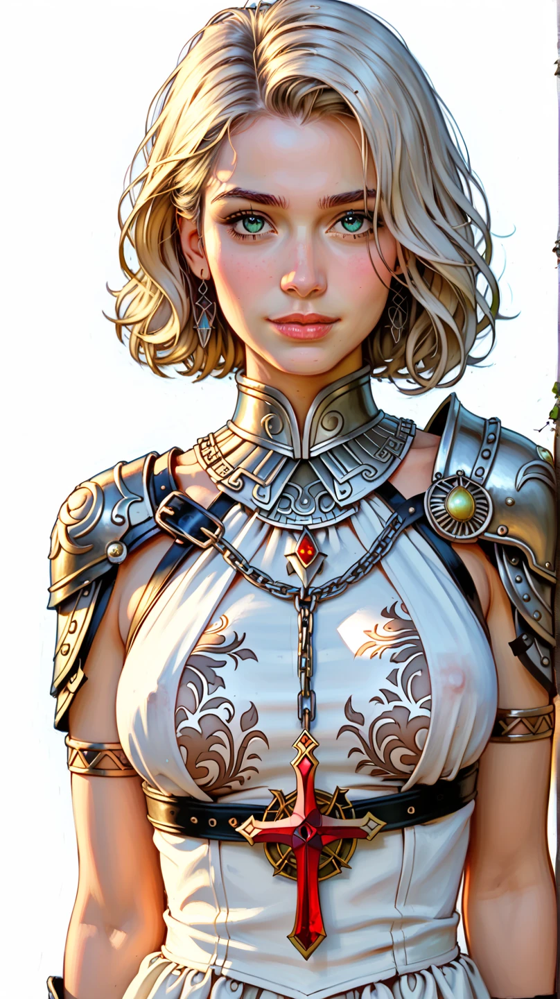Ancient European style armor,Silver-haired female knight,Green emerald pupils,High ponytail,Wearing silver-white armor,Delicate facial features,The drawing style is similar to that of characters in anime,Boots,Gaiters,with a pure white background,Character design,quadratic element,Include a small amount of introductory text, (((in style of anime)))