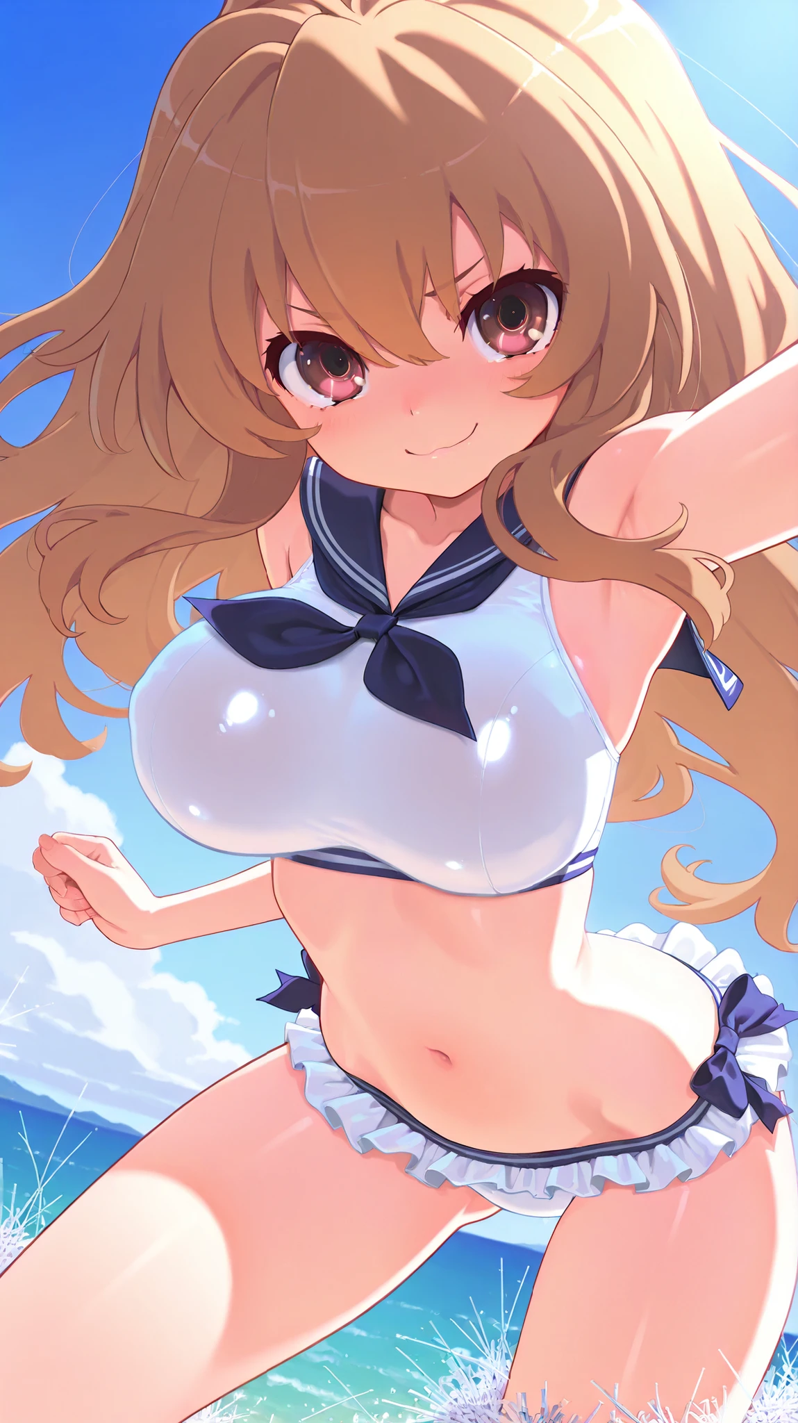 Blonde ponytail、huge 、(Sexy pose:1.4)、(Blushed:1.4)、Laughter、Sticking out tongue、((Heart-shaped pupils))、Happy Face、(((Sailor suit)))、((The body trembles with excitement))、Black Stockings、Perfect Anatomy、long body、Older sister who dotes on her brother、((My crotch is wet))