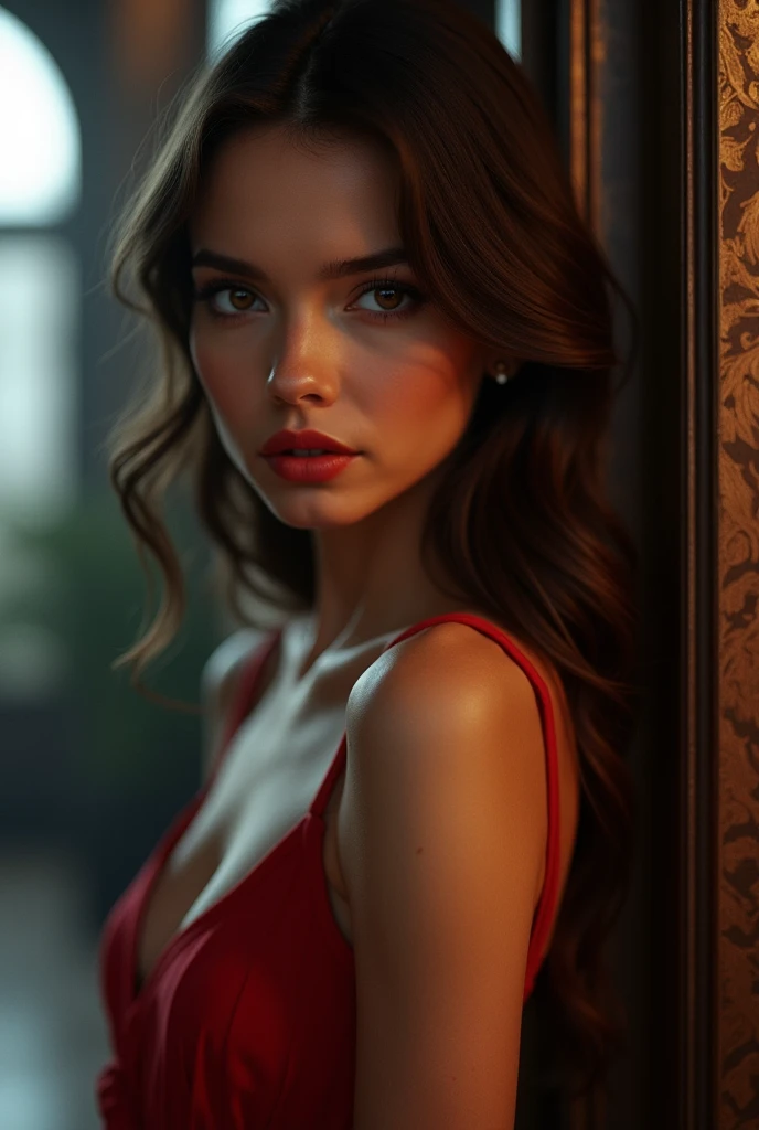 (((ultra realistic))) Photo, masterpiece, top quality, (pale skin), (Ultra detailed face and eyes:1.2), Bright eyes, 1 girl, red long dress , gloomy atmosphere, Dark background, (Eye makeup, mascara) , ((Dark wavy hair)) , ((Stylish hairstyle)) , (Natural breasts), (A slight smile), ((Posing)), photoshoot, studio (Contour lighting), (The play of light and shadows), depth of field, bokeh, (special attention to skin detail: 1.2), Detailed leather texture, skin pores, ((Тёмная и gloomy atmosphere кадра. color scheme - black, Gray, Ashen, Red tones)), ((Film grain, VHS effect)), ((rays)) , ((waist up portrait, close to the camera)) , ultra detialed, 