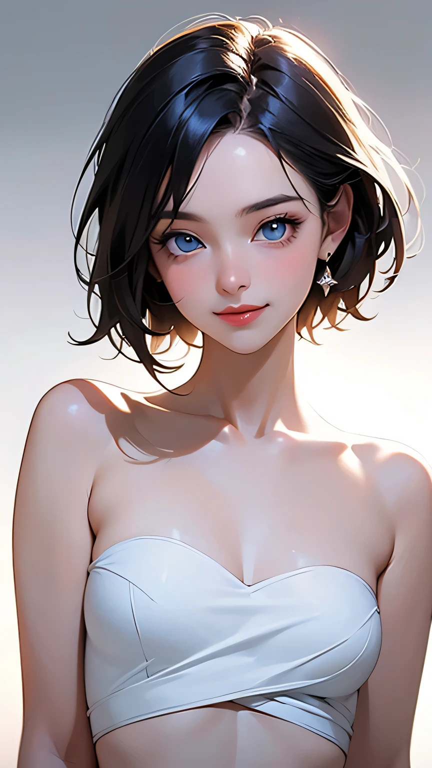 highest quality、Realistic、girl、zoom、cute、Grey Eyes、Black Hair、the forehead is protruding、short hair、Wedding dress、Looking down、smile、Bust Shot、thin、Small breasts