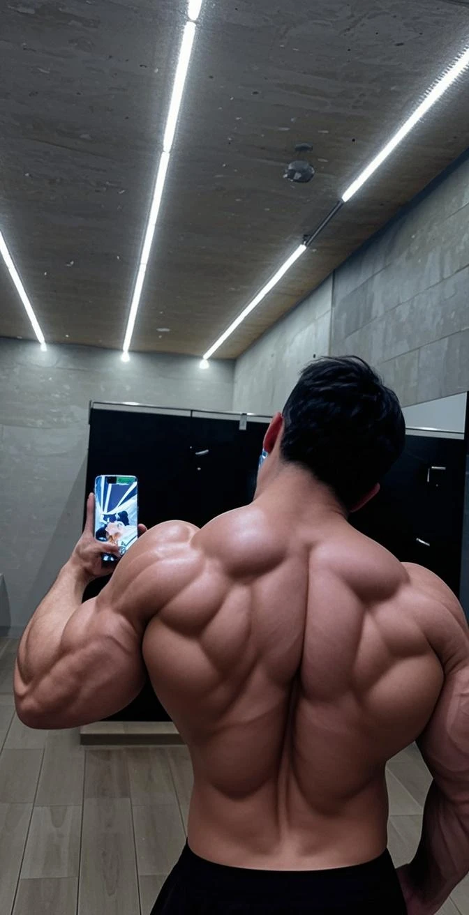 Man taking a photo in the mirror., full growth from behind, flexing big muscles, posando y flexionando, arms behind the back, his arms are behind his back, bulging muscles, in full growth from behind, slim and muscular build, delgado pero musculoso, delgado y musculoso, showing biceps, espalda arqueada, detailed venous muscles