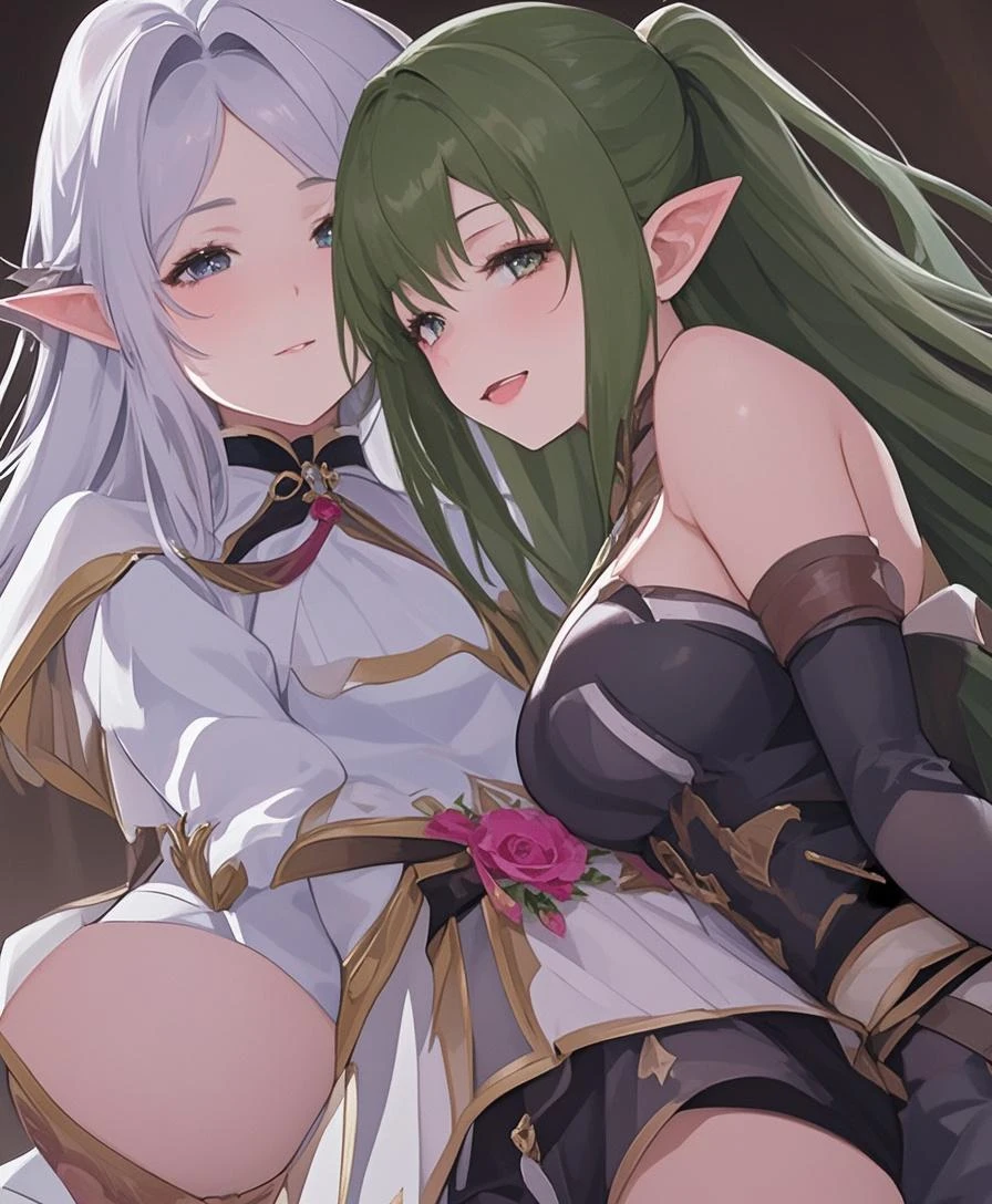 source_anime, yuri, duo, sex, Doggy Style , spread legs, open vagina, nude, (dark skin:1.3), (Tall height:1.3), long pointy ears, Female, cute, Slender, Small Breasts, Long Braids, Silver Hair,,Green Hair, twintail, futanari, (tiny height:1.3), huge Breasts, large penis, disproportionate breasts, Wide Hips
