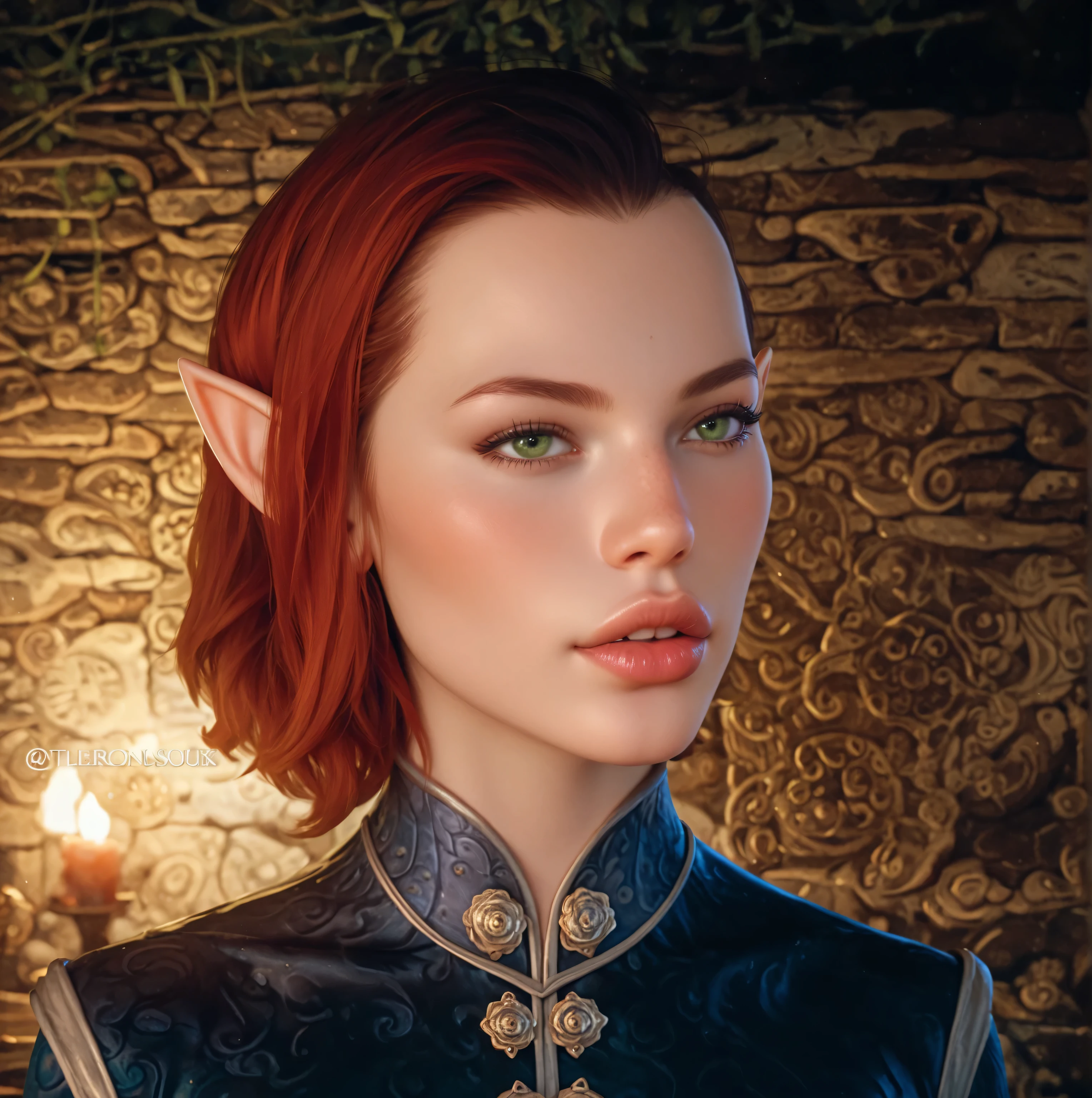 dragon age inquisition, elven character, elf woman, she has elf ears, green eyes, female character, Perfect round medium breasts, short red lesbian hair, juicy lips, sexy body, slim waist, thin, skinny, silk clothes, ornate embroidery