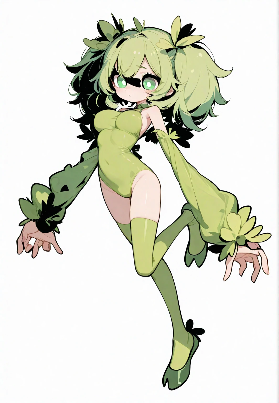 8k quality, high colours, Anthropomorphic girl, solo,  (blue skin), (green hair), long ears, smiling, slim body, human face,red eyes, small breasts, plant-based panties, plant-based bra, 2 plant tentacles from back, hands on the belt, in a tropical forest, full body, on the lake, tiny hips, front view, 