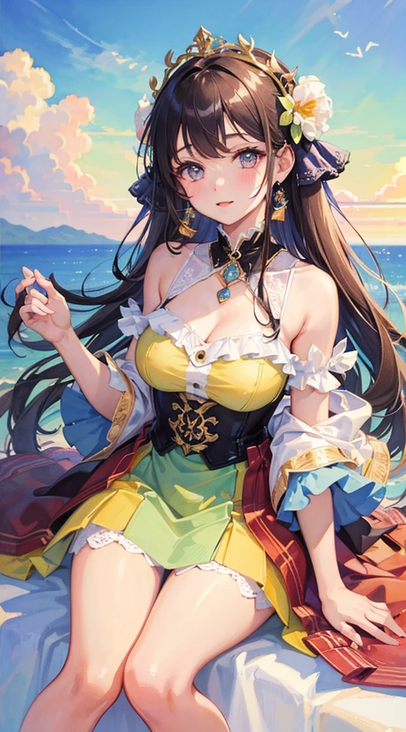 Best quality, masterpiece, high resolution, 1girl, transparent silk short skirt, beautiful face, hair ornament, is holding a traditional Chinese musical instrument ((pipaqin)) sitting on the side of the boat, one foot kicks out of the water to splash, girl mischievous smile, hair accessories, necklace, jewelry, long hair, earrings, pale thighs, (rounded feet, perfect toes), realism, edge lighting, (high detail skin: 1.2), high quality, high resolution, 8k, background bokeh