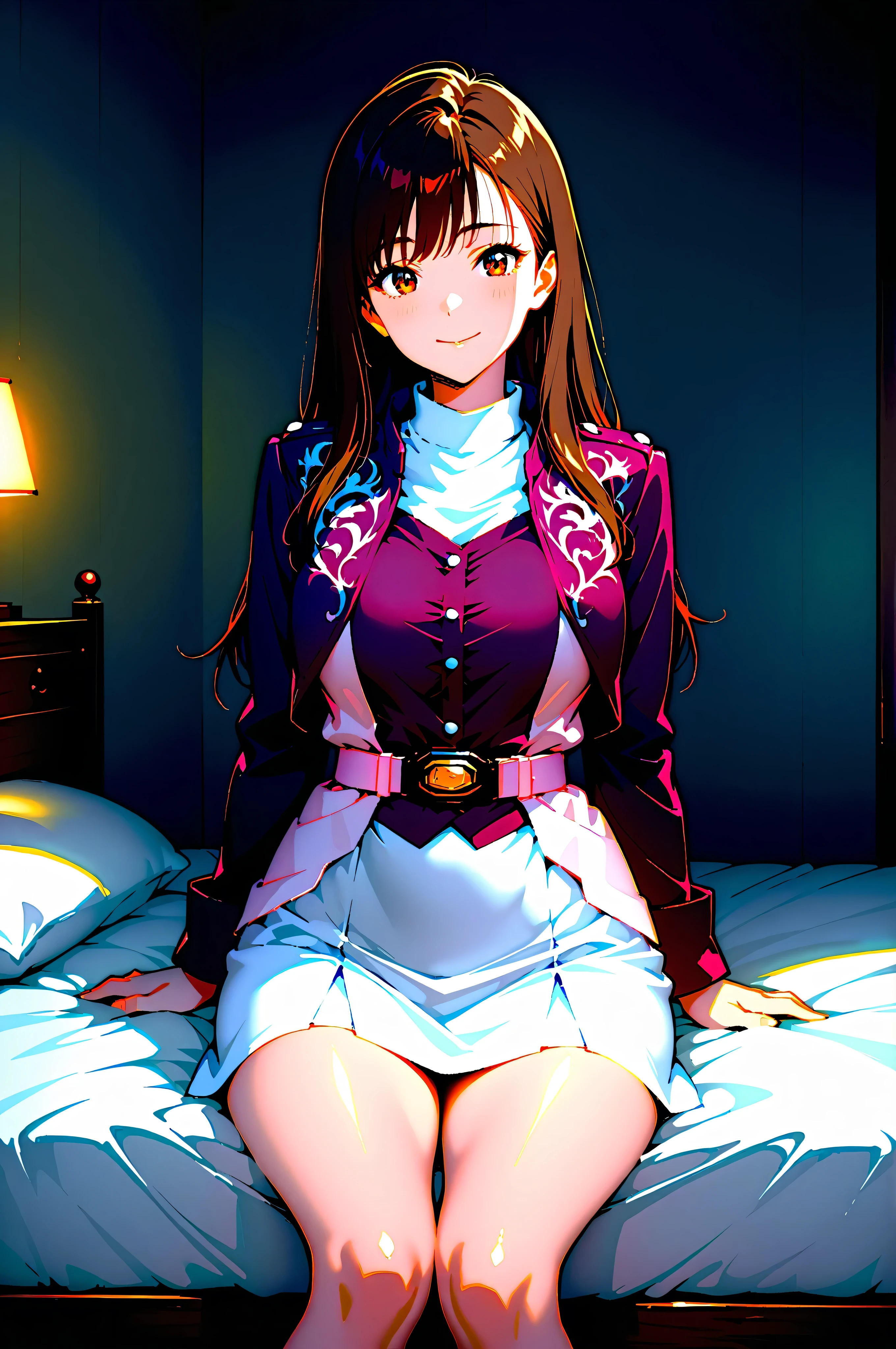 (High definition CG), (top quality),on the bed,in a dark room,((1 woman in the body)),perfect face, wide hips, thin waist, ,purple bolero jacket,(((white skirt))),long sleeve, Pink Belt, straight and long hair , brown hair, Smile Yan