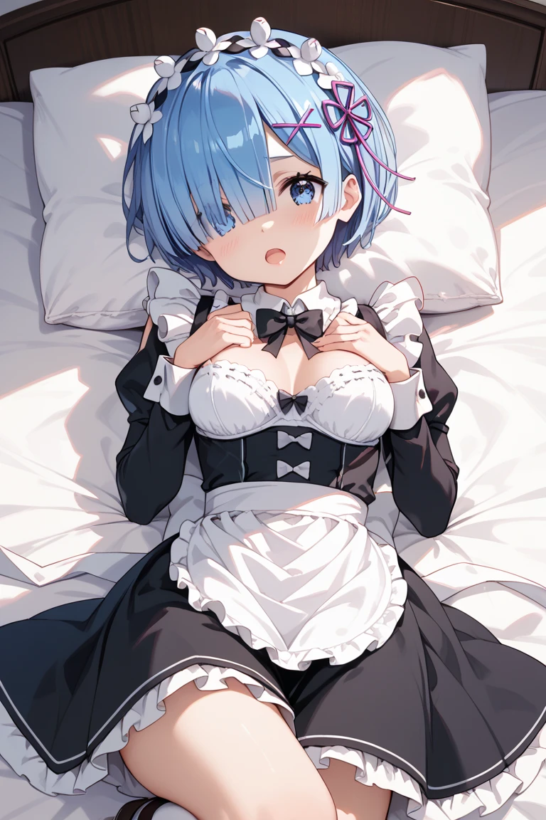 BREAK looking at viewer,BREAK (masterpiece:1.2), best quality, high resolution, unity 8k wallpaper, (illustration:0.8), (beautiful detailed eyes:1.6), extremely detailed face, perfect lighting, extremely detailed CG, (perfect hands, perfect anatomy),bedroom,windows,night,soft light,rem, blue eyes, blue hair, hair ornament, hair over one eye, hair ribbon, short hair, x hair ornament
apron,flower, head wreath, maid,short hair, skirt, thighhighs, waist apron, white apron, white thighhighs,blue hair,upskirt,showing panties,wet panties,shy face,open mouth,nipples see through,nipples,lie on back,lie in bed,sexy lingerie,no bra,naked breasts,naked tits,transparent lingerie,from above.