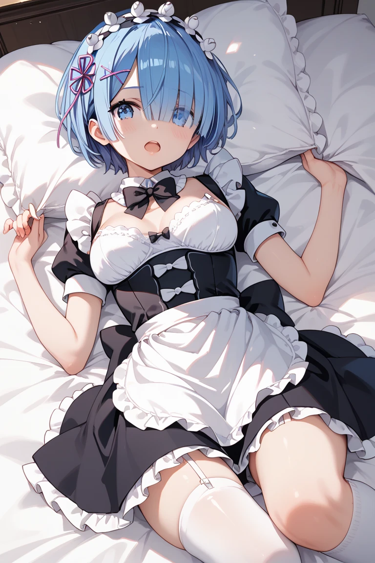Sexy white stockings, delicate and beautiful face, wearing maid outfit, 8k in bed, high quality, (extremely detailed CG unity 8k wallpaper, masterpiece, best quality, excellent detail) , (high saturation, best shadows, best light, extremely delicate bleaching)