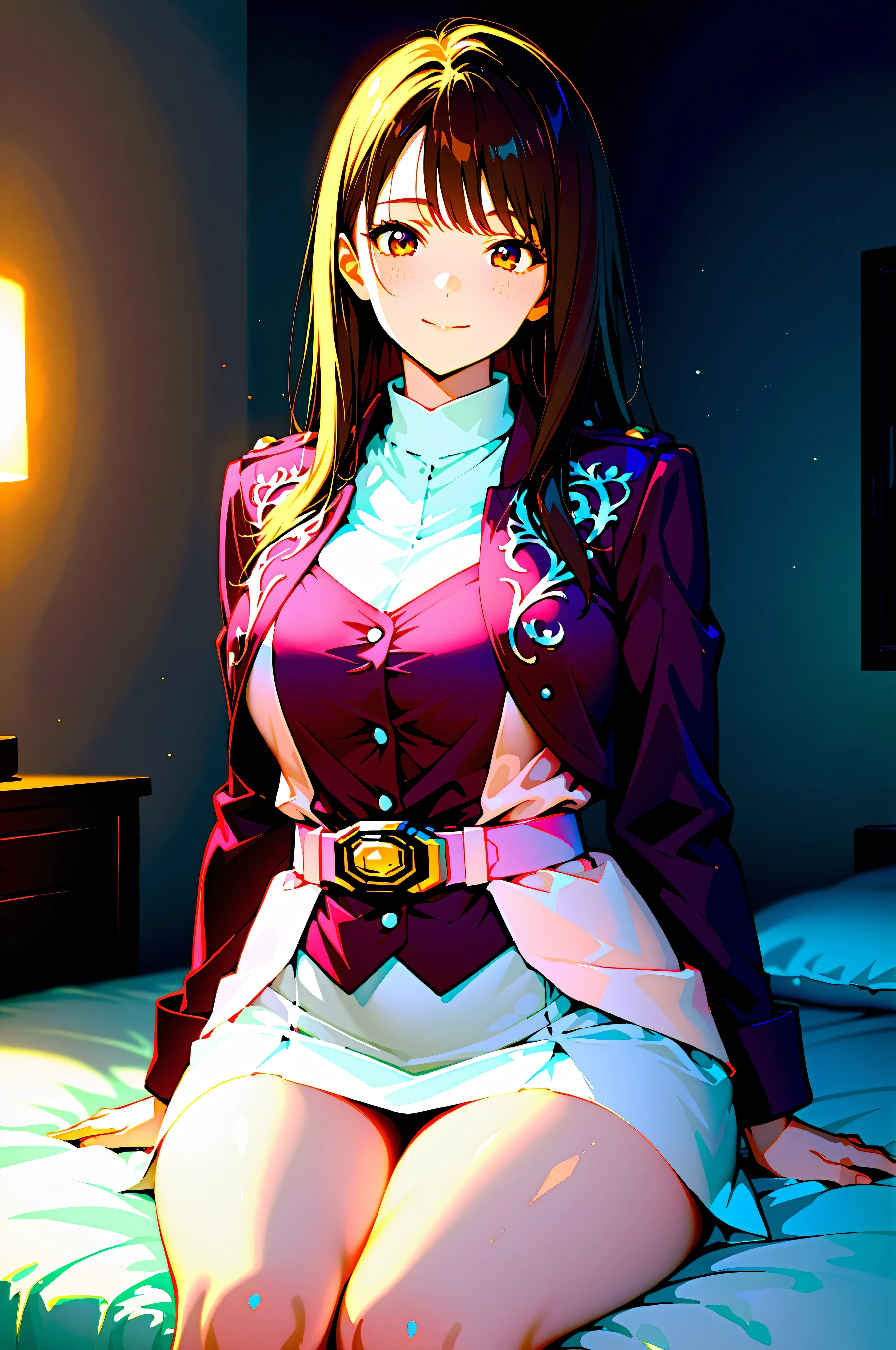 (High definition CG), (top quality),on the bed,in a dark room,((1 woman in the body)),perfect face, wide hips, thin waist, ,purple bolero jacket,(((white skirt))),long sleeve, Pink Belt, straight and long hair , brown hair, Smile Yan
