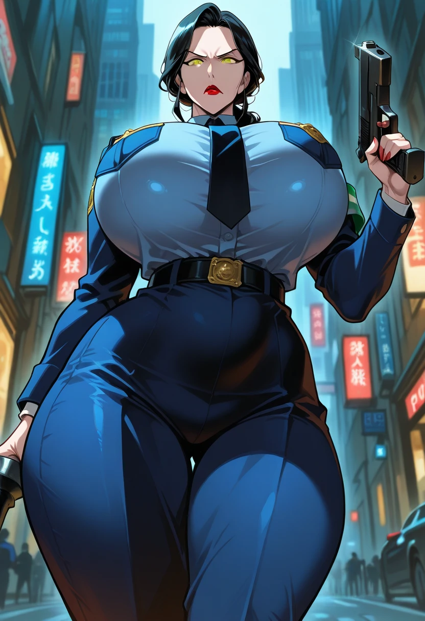 a girl Red blue doomsday punk head cyberpunk jacket shirt Huge mechanical power left fist High tech heavy sword big breasts sci-fi city Japanese anime style Hero character design