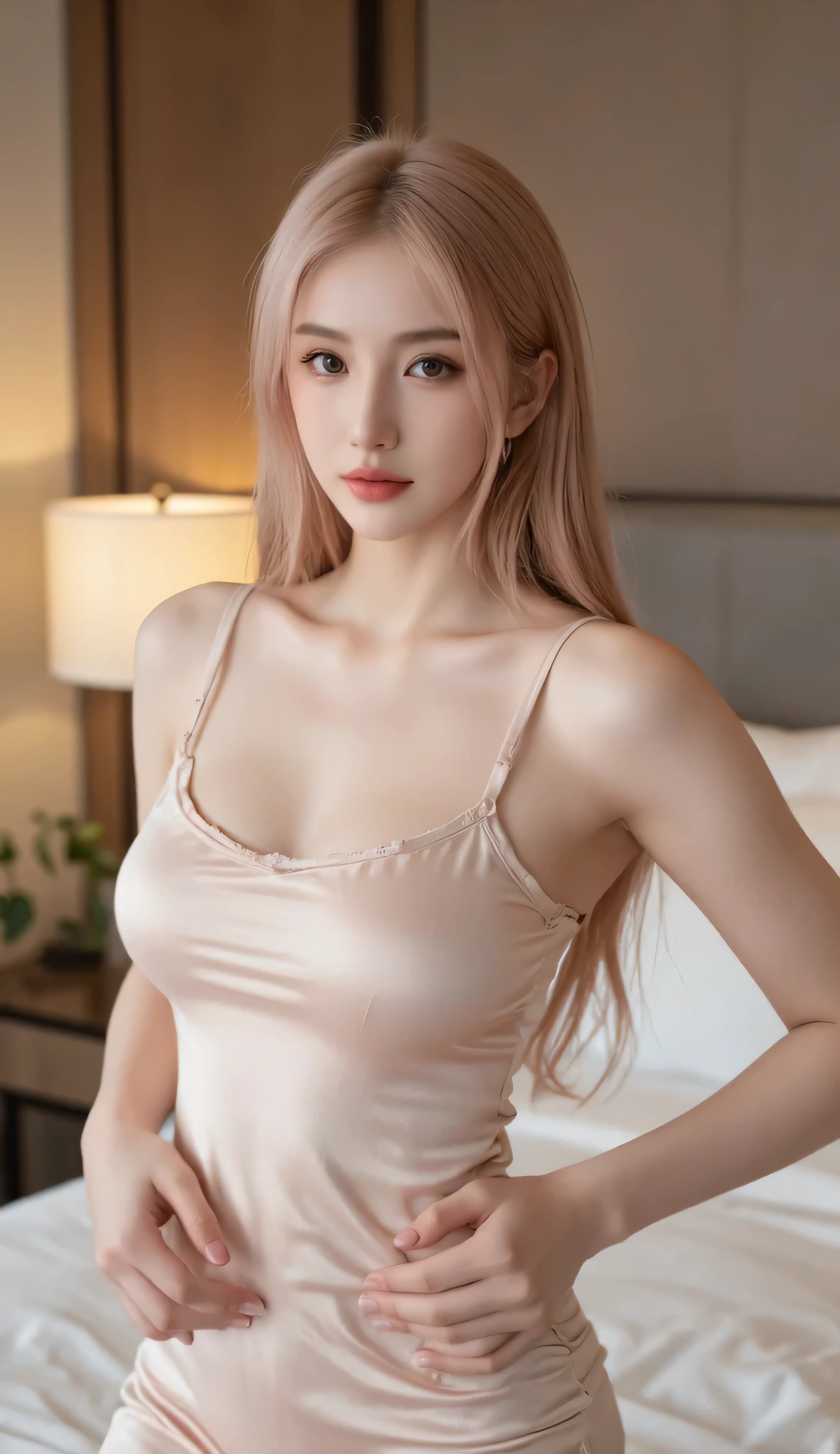 Prime time for sunset photos，In a hotel room，A woman wears Lolita and soft tights，Fine fine skin，photograph realistic，yoga，looking to the camera，，full body shot shot，natural makeup，8k，highly details，High detail RAW color art，nipple piercing，Sharp focus，Faraway view，depth of fields，