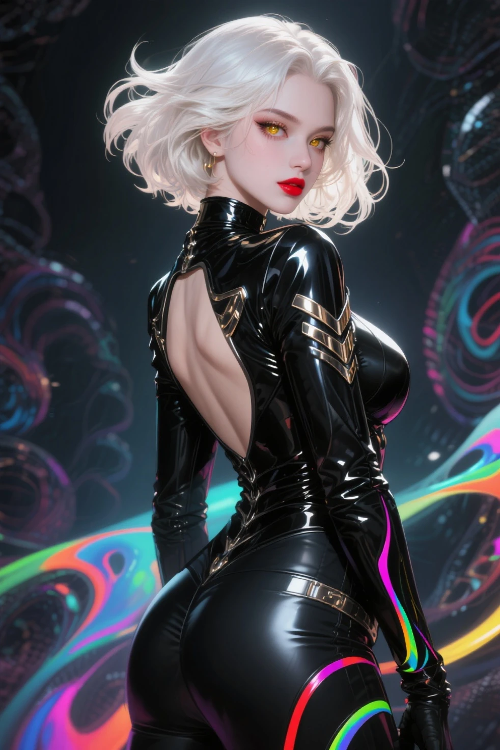 (ultra realistic,32k,RAW photo:1.1),(high detailed skin:1.1), 8k uhd, dslr, high quality, film grain, (makeup, mascara:1.1), lips,(thick\lips\), 
(shiny glossy translucent clothing:1.1), <lora:LoRA_MeiMei:0.7>meidef, (purple eyes:0.5), long hair, braid, single braid, braided bangs, white hair, grey hair, hair over one eye, braided ponytail, long sleeves, breasts, dress, puffy sleeves, black dress, turtleneck dress, juliet sleeves, <lora:add_detail:0.89>, 
Leaning forward with hands on knees, 
 (busty:1.1) ,  (chubby:0.1),(lighting:1.2),<lora:LowRA:0.4>, dark theme, blank background