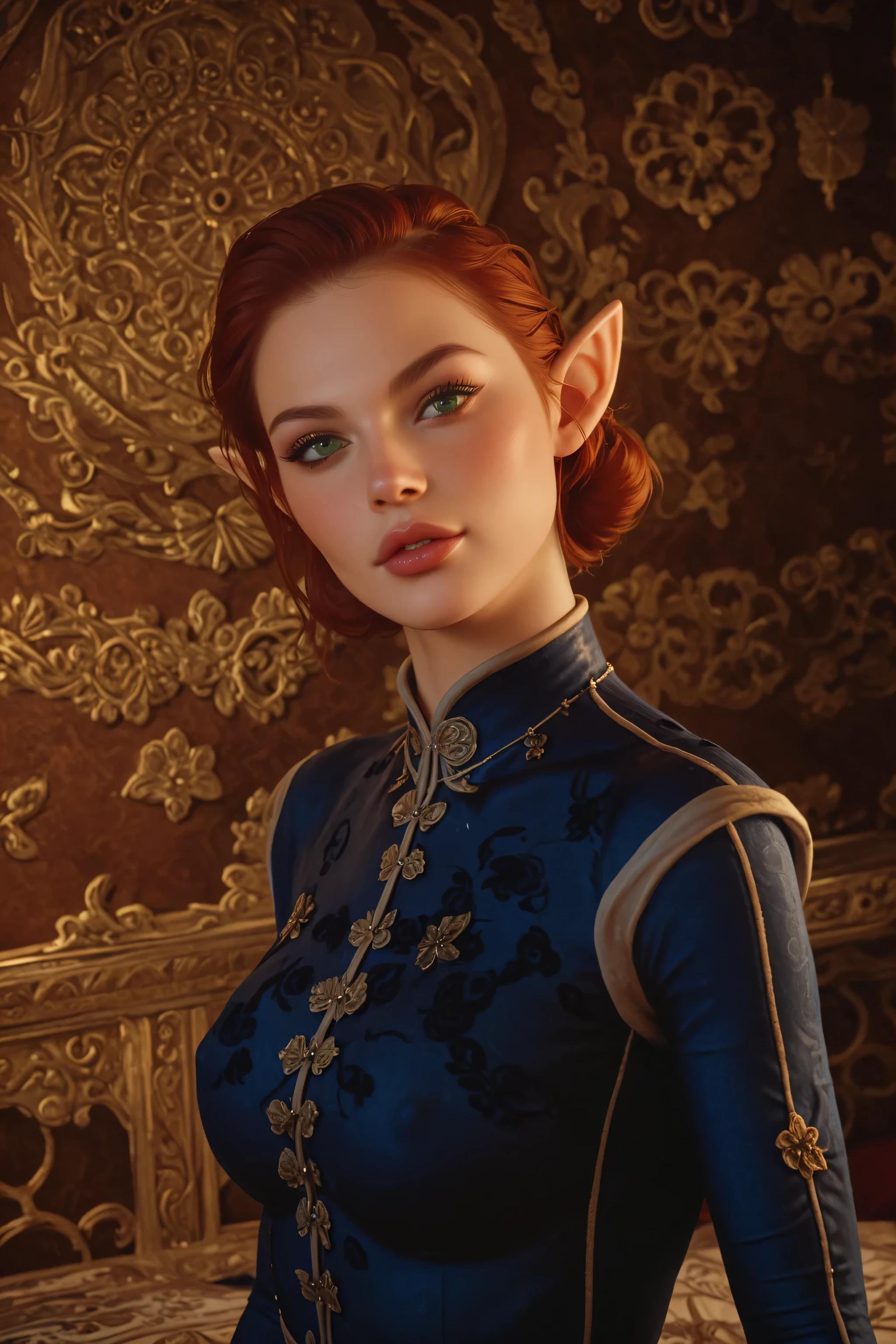 dragon age inquisition, elven character, elf woman, she has elf ears, green eyes, female character, Perfect round medium breasts, short red lesbian hair, juicy lips, sexy body, slim waist, thin, skinny, silk clothes, ornate embroidery