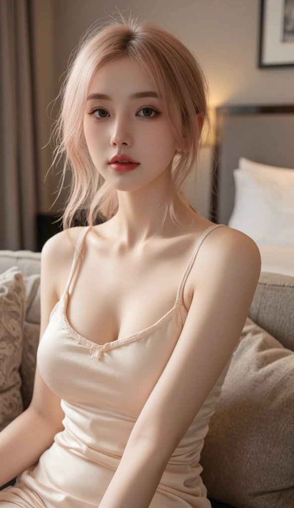 Girl wearing, luxury pink coat, shoulder length hair, wavy hair, glowing skin, star in eye, red lips, grey background, cute poses , upper body, light blonde hair