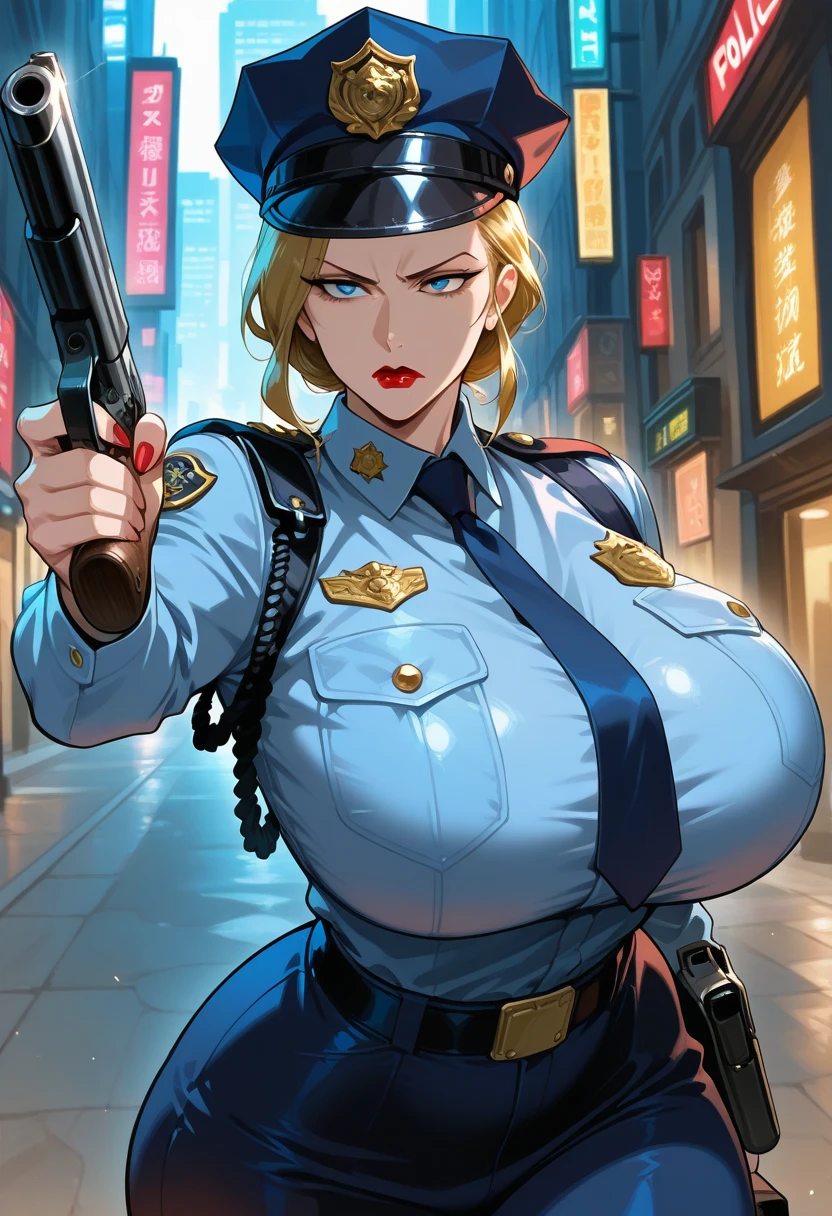 masterpiece, ,(solo:1.1), perfect face, (bright lighting:1.2),beautiful detailed eyes, extremely detailed face, perfect lighting,masterpiece, best quality, ((mature female)), ((large breasts)), 30yo female, 1girl, red lips, short blonde, straight hair ,provocative, tease, lips, lipstick, red lips, red lipstick, milf, adult woman, bold lips, thick lips , upper body, police uniform , police hat, sexy police, photo studio pose, (((angry look)))
