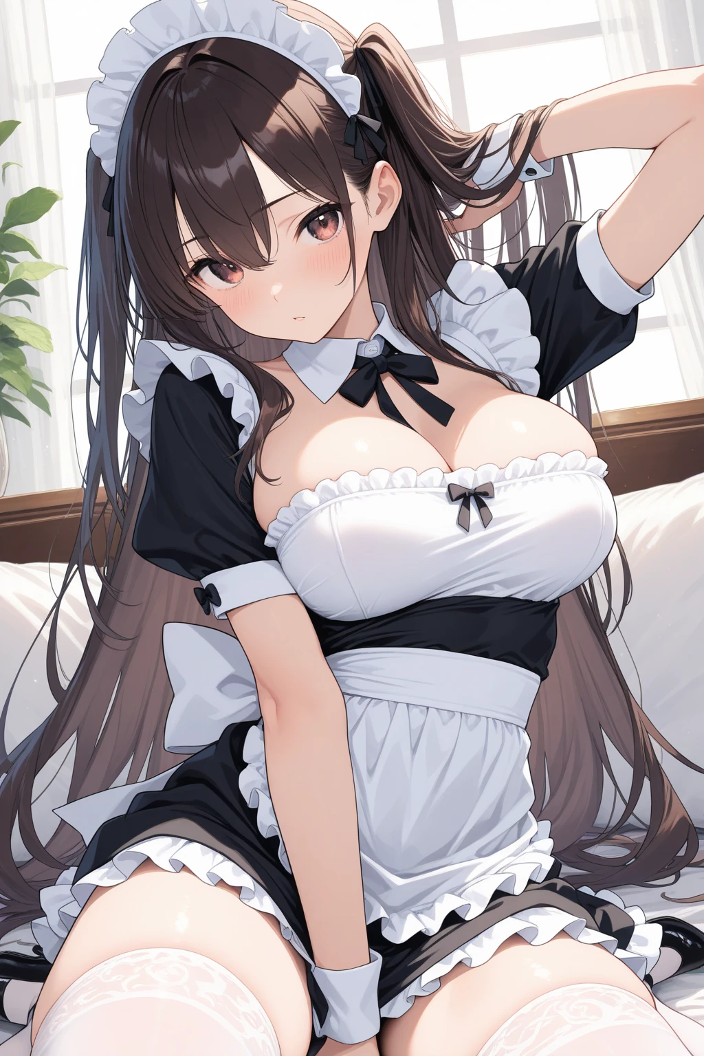 ((highest quality)), ((masterpiece)), (become familiar with), perfect face、maid、big breasts、chest exposure、bob hair、show nipples、spread your legs、the skirt is rolled up、pussy、exposed female genitals、stick out tongue、orgasm、flushed face、on the bed、Liar、Ahegao、peace sign with both hands