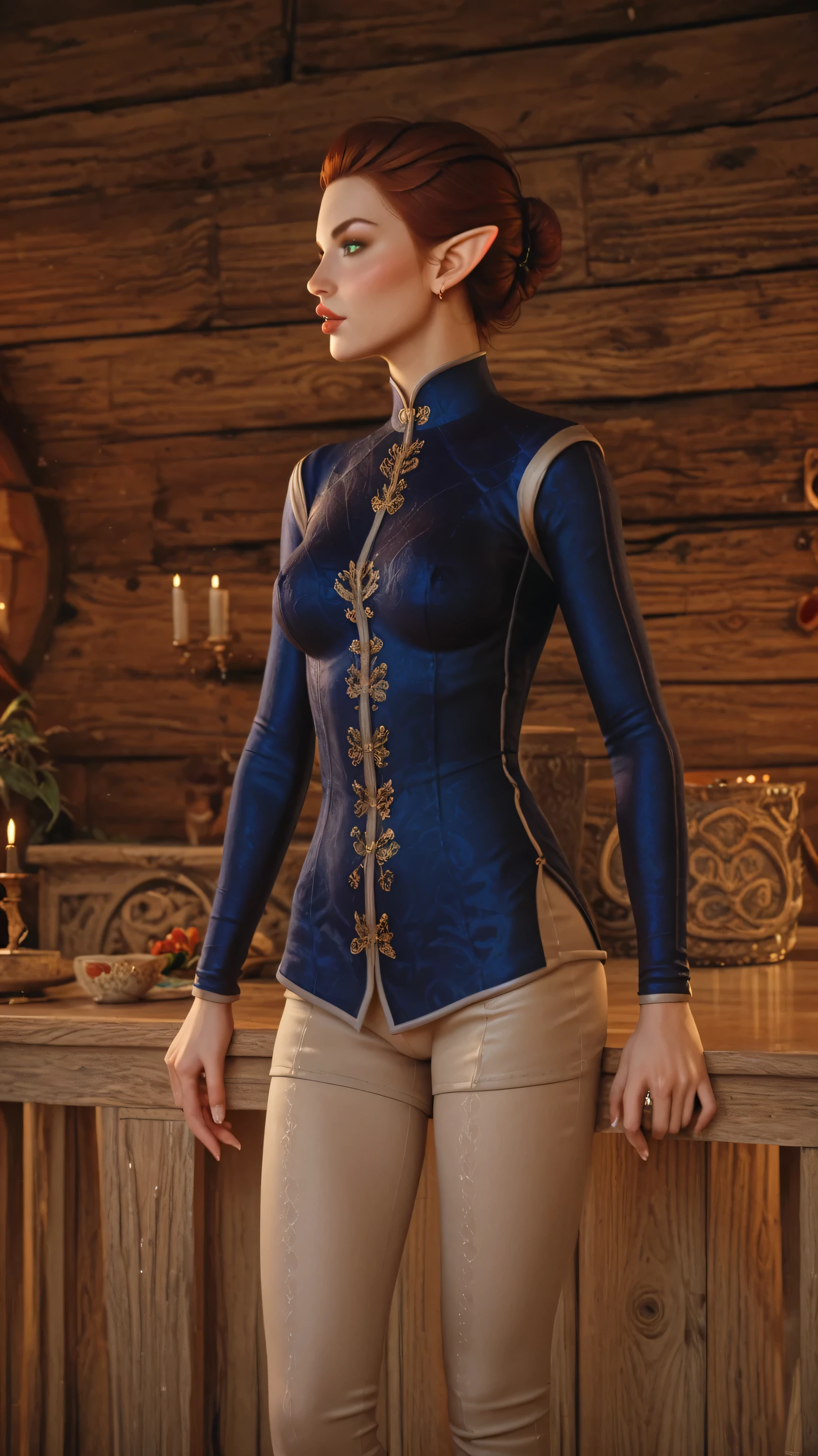 dragon age inquisition, elven character, elf woman, she has elf ears, green eyes, female character, Perfect round medium breasts, short red lesbian hair, juicy lips, sexy body, slim waist, thin, skinny, silk clothes, ornate embroidery
