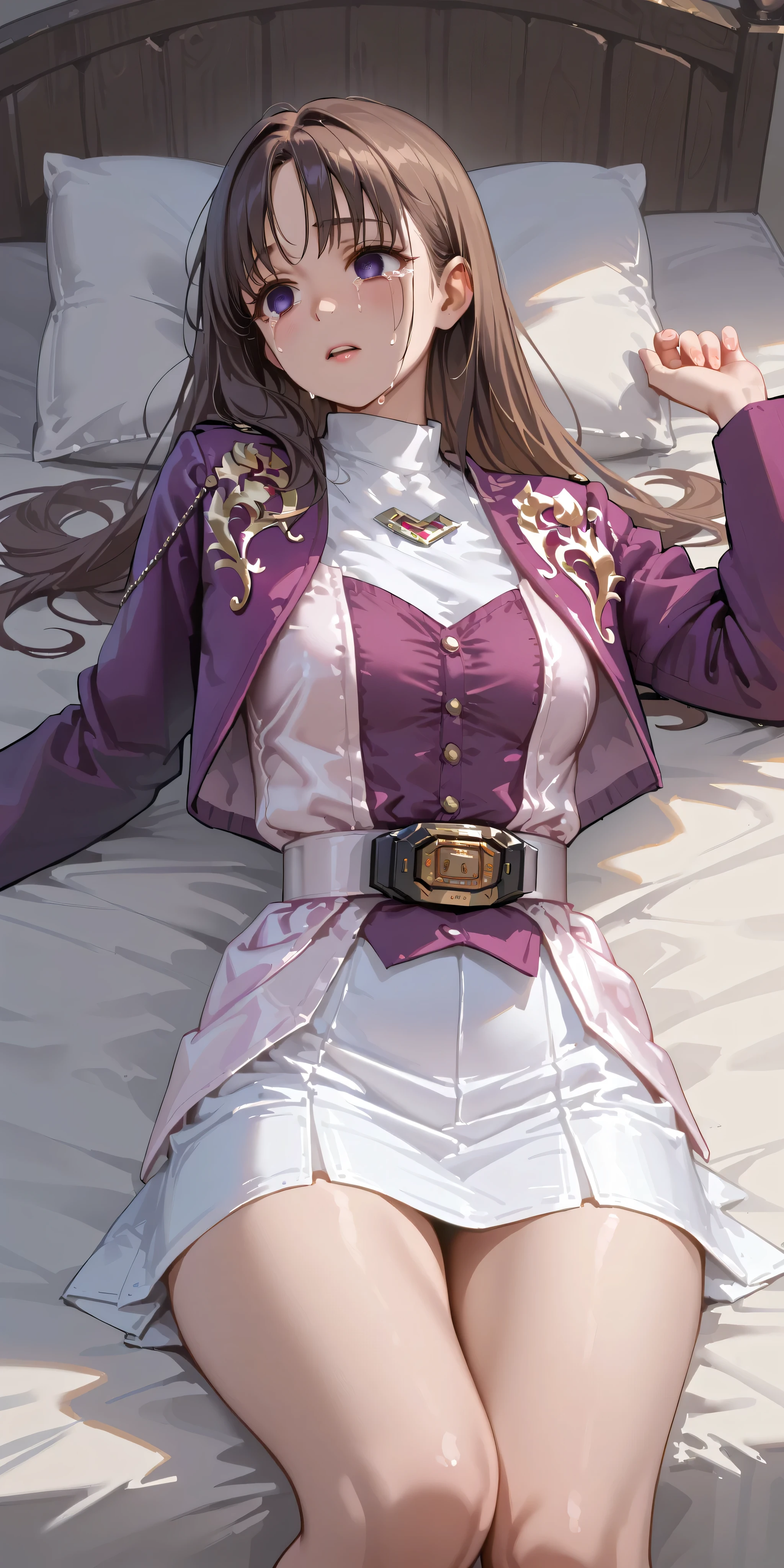(High definition CG), (top quality),dark room,Lying on the Bed((1 woman in the body)),perfect face, wide hips, thin waist, ,purple bolero jacket,(((white skirt))),long sleeve, Pink Belt, straight and long hair , brown hair, ((empty eyes)),are crying,be afraid