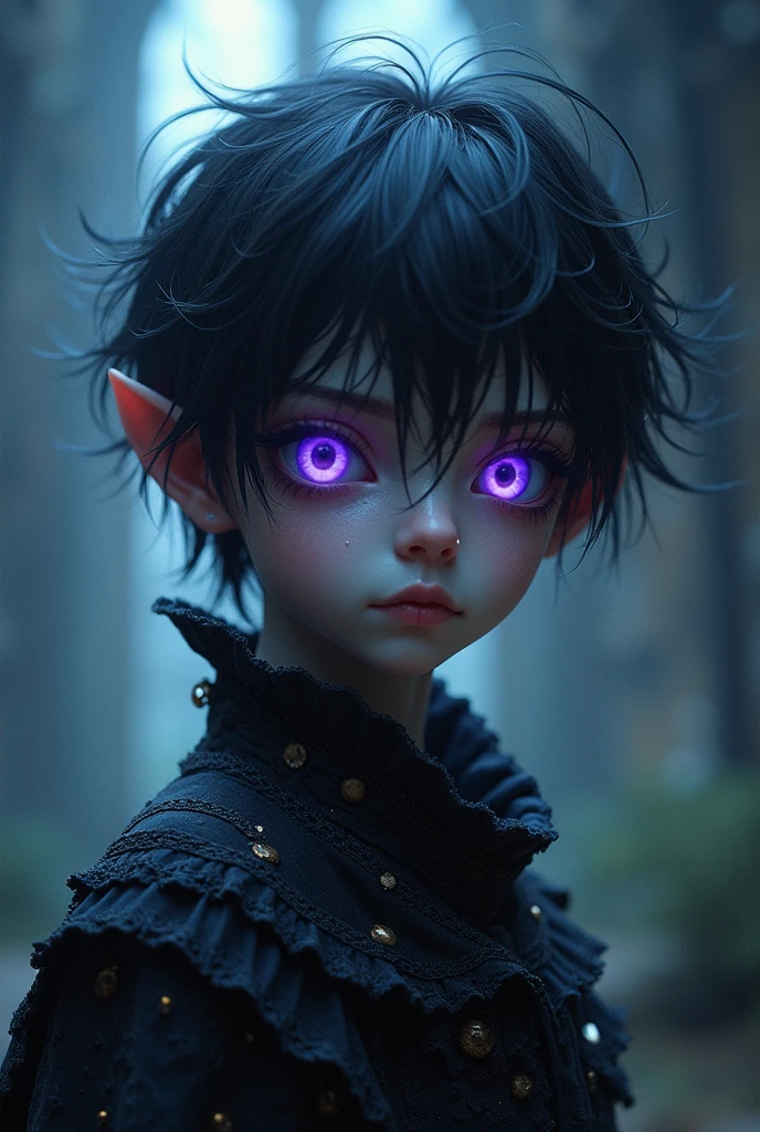 A boy with an attractive face but who has dragon eyes and black scales with purple details all over his body, pale skin and purple eyes with messy black hair
