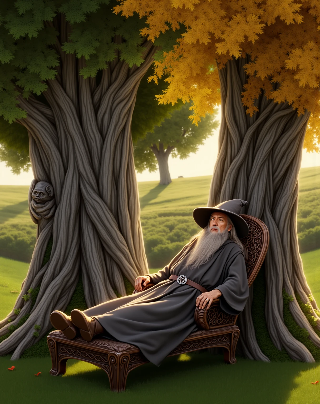 I need an elf (masculine) thin man with a long beard sitting under a mushroom, in green and brown clothes with a leprechaun hat, smoking a cigarette, I need it to be anime or cartoon style and for the whole body