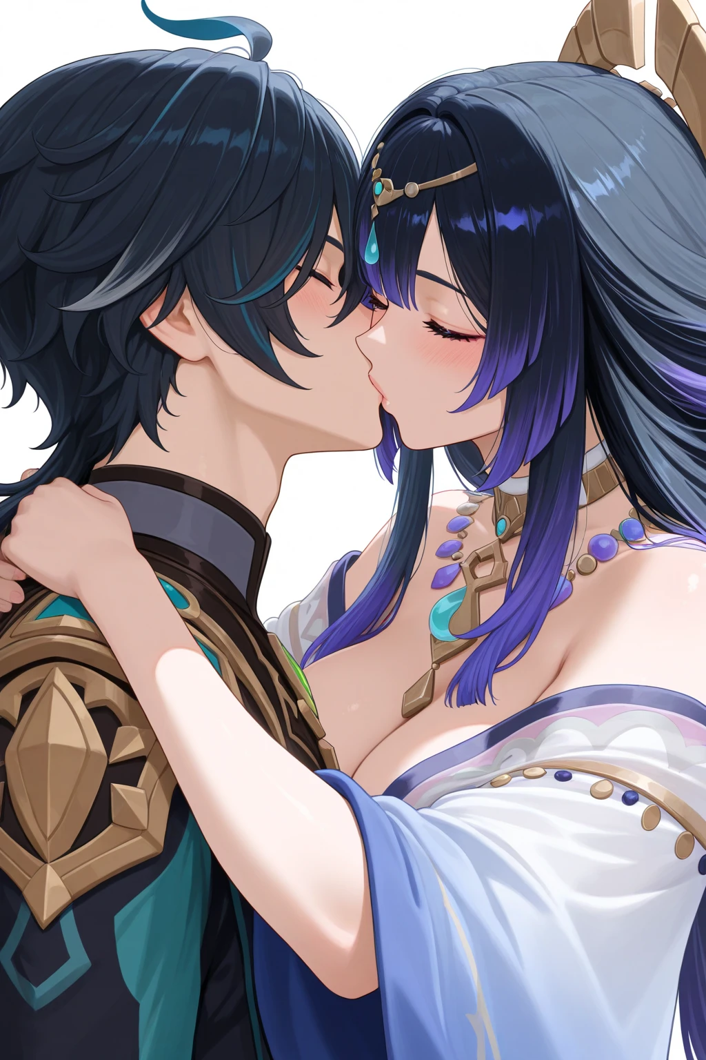 A young man and a young woman are in a grand and noble setting, with high ceilings adorned with constellations. The young woman has hair resembling crystal clear rivers and delicate, almost transparent skin. The young man, with black hair, stands close to her as she gently approaches him. The scene is filled with a sense of tenderness and emotion, set against the backdrop of a majestic and ethereal environment.