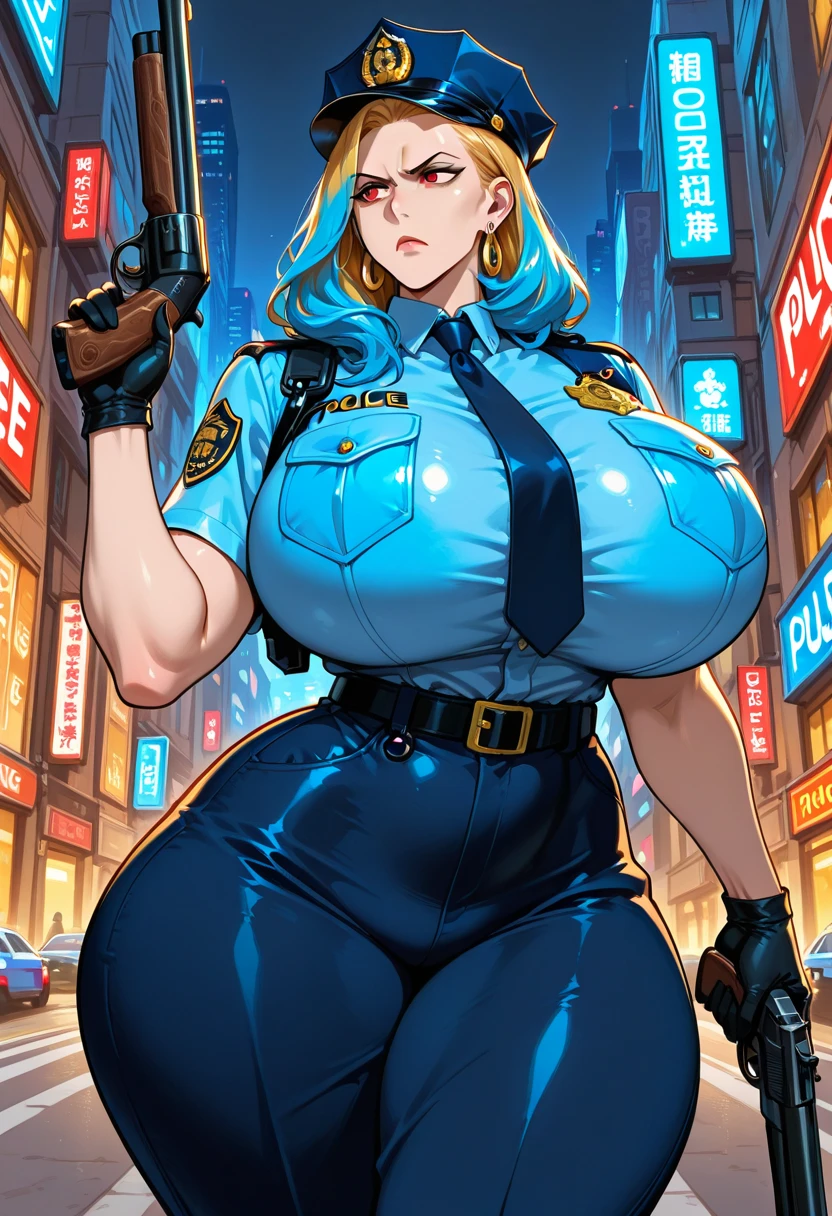 mature female, mom, milf, 40 year old woman, ((bimbo))), messy orange hair, green eyes, (((thick lips:1.2))), (((puffy lips))), puckered lips, evil smile, parted lips, makeup, thick eyeliner, eyeshadow, tall, slim waist, (((wide hips))), (((huge thighs:1.3))), (huge ass), ((gigantic breasts:1.3)), (cleavage), navel, tall, oily breasts, police hat, open jacket, detached collar, tie,, mini skirt, belt, thighhighs, ((big hoop earrings)), tattoos, outdoors, city, night, dark alleyway, (neon lights), sexy pose, hip and thigh focus, ((wet)), oily breasts, realistic lighting, head tilt, [long painted nails], hand on hip,