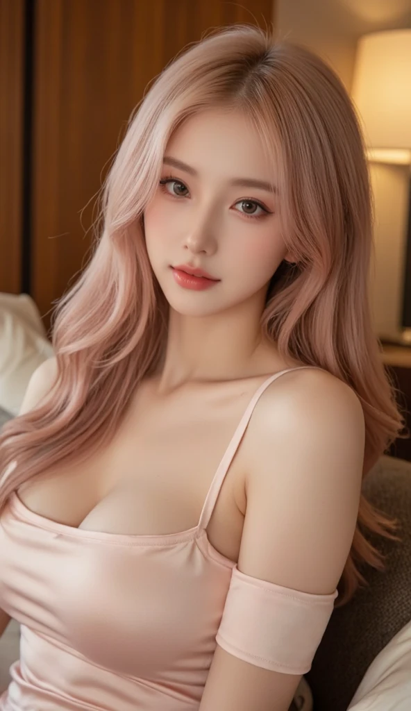 (HighestQuality, 8K,32k,masterpiece, UHD:1.2),Highly detailed CG Unity 8K wallpaper,intricate details,Raw photo,(realistic:1.4),atmosphere,ultra high resolution,genuineistic,genuine,Huge_file size,incredibly absurd,(in the center:1.3),ultra illustration,(Super detailed),dramatic lighting,different colors,written boundary depth,art：Krenz Kushart,golden hour lighting,Photographed with Canon EOS,SIGMA art lens 35mm F1.4,ISO200 Shutter speed 2000,blurred background,
break,
1 girl,(smile:1.4),because I&#39;thin,(Straight long hair with see-through bangs,:1.4),alone,18 year old Japanese beauty, (night bar,white lace camisole,full wide open chest, bare shoulders:1.5),(light pink hair:1.5),((brown eyes)),largechest,chest, Soft white skin that shines in every detail,pale skin,very beautiful face,very well-shaped face,natural and realistic face,Highest,fine and beautiful eyes,impressive, Big eyes,fine eyes, smile, smile with your mouth closed, detailed mouth,lip details,glossy beautiful lips,glossy lips,simple earrings,necklace,jewelry, alone focus,low neckline,
break,
light from the front,nice,Are standing,sensual expression, break,
(Dutchangle:1.4),looking at the viewer,
break,Tzuyu,Yui Aragaki,