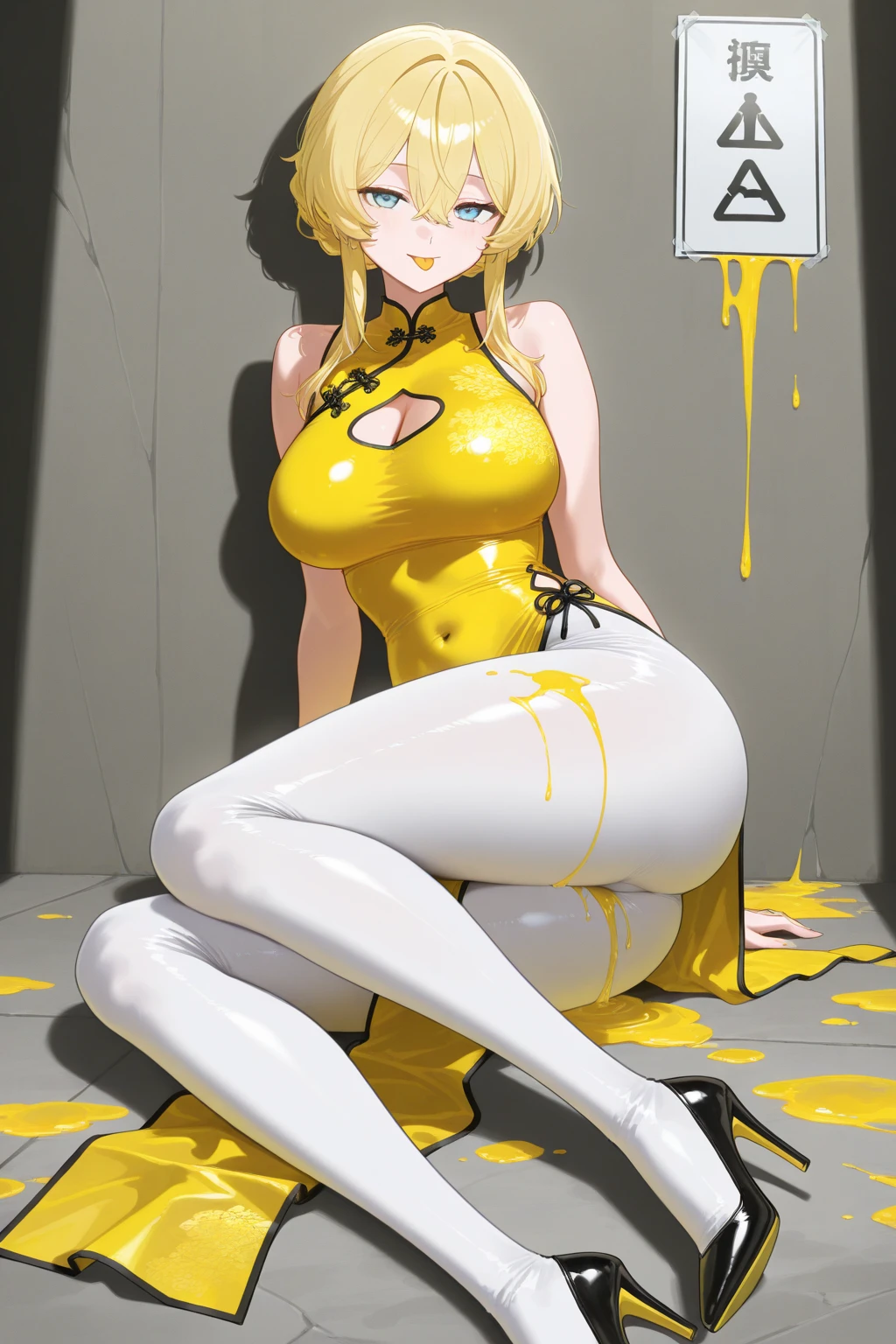 (masterpiece,Highest quality,Ultra-high resolution),Japanese women, (((Very beautiful 25 year old girl))),(Yellow latex maid outfit)、Yellow latex long skirt、(Yellow latex long sleeve shirt)、Yellow latex long gloves、Yellow latex socks、The clothes fit snugly to the body、Latex is very shiny、Dark Room