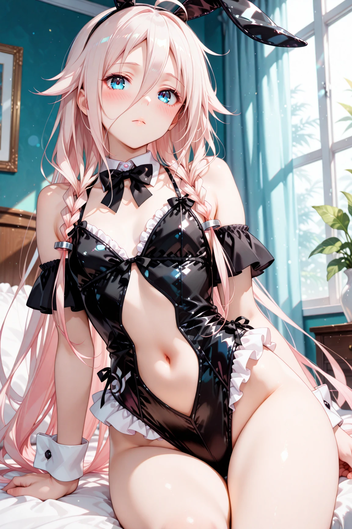 wear gothic loli　Pink Hair　Loli body type　Flat Chest　Crouching　Nihilistic smile