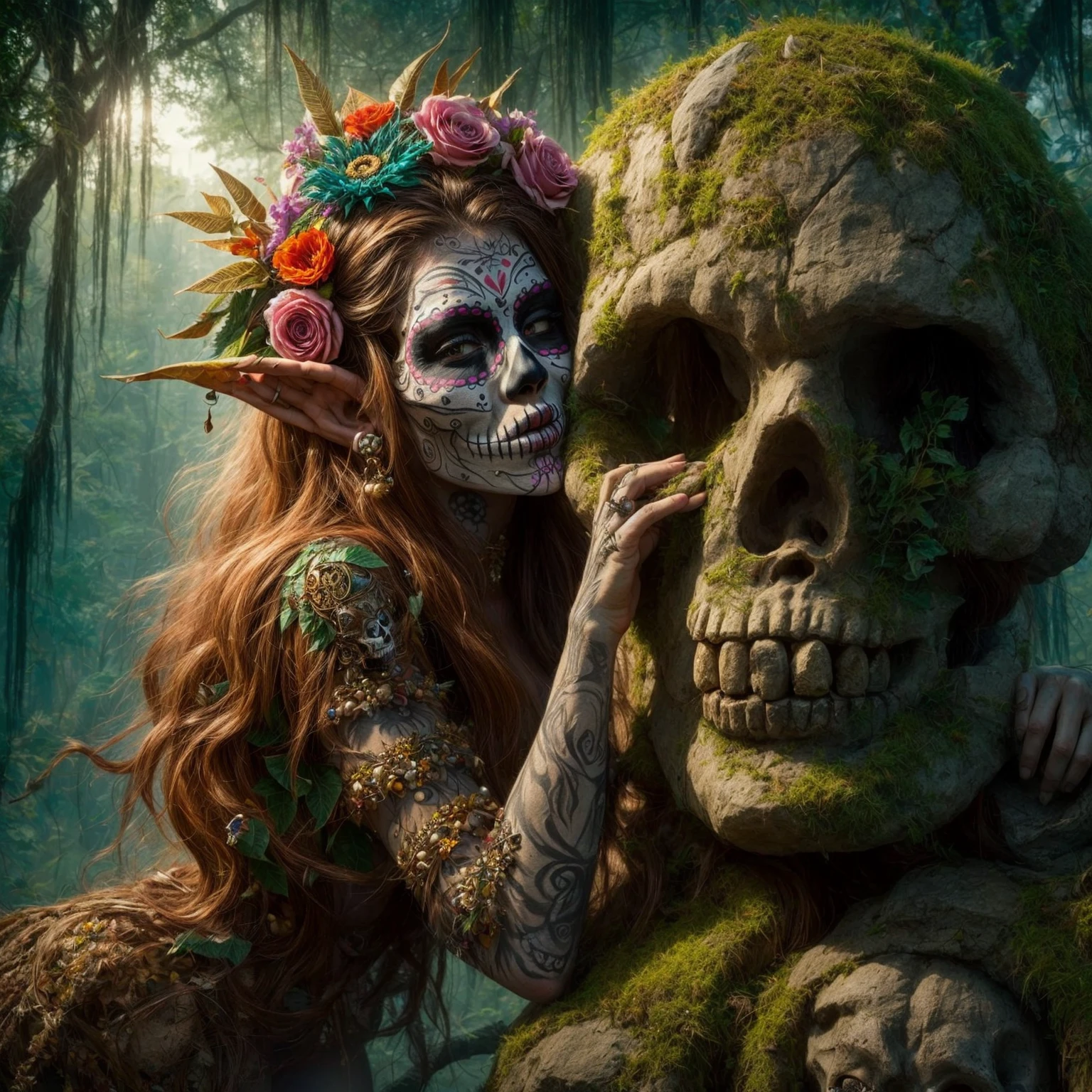 1girl, beautiful, zombie, red eyes, decay skin, gray skin, white hair, rotting, passionate kiss