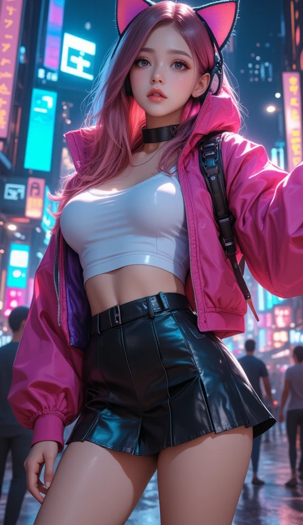 A woman in a pink bikini and a black jacket is sitting on the street, Cyberpunk art style, Cyberpunk 20. Model Girl, hyper-realistic Cyberpunk Style, Cyberpunk atmosphere, Cyberpunk Style ， Surreal, Cyberpunk beautiful girl, Cyberpunk art ultrarealistic 8k, Cyberpunk Girl, Cyberpunk art, Cyberpunk Anime Girl, in Cyberpunk Style, cyberpunk judy alvarez