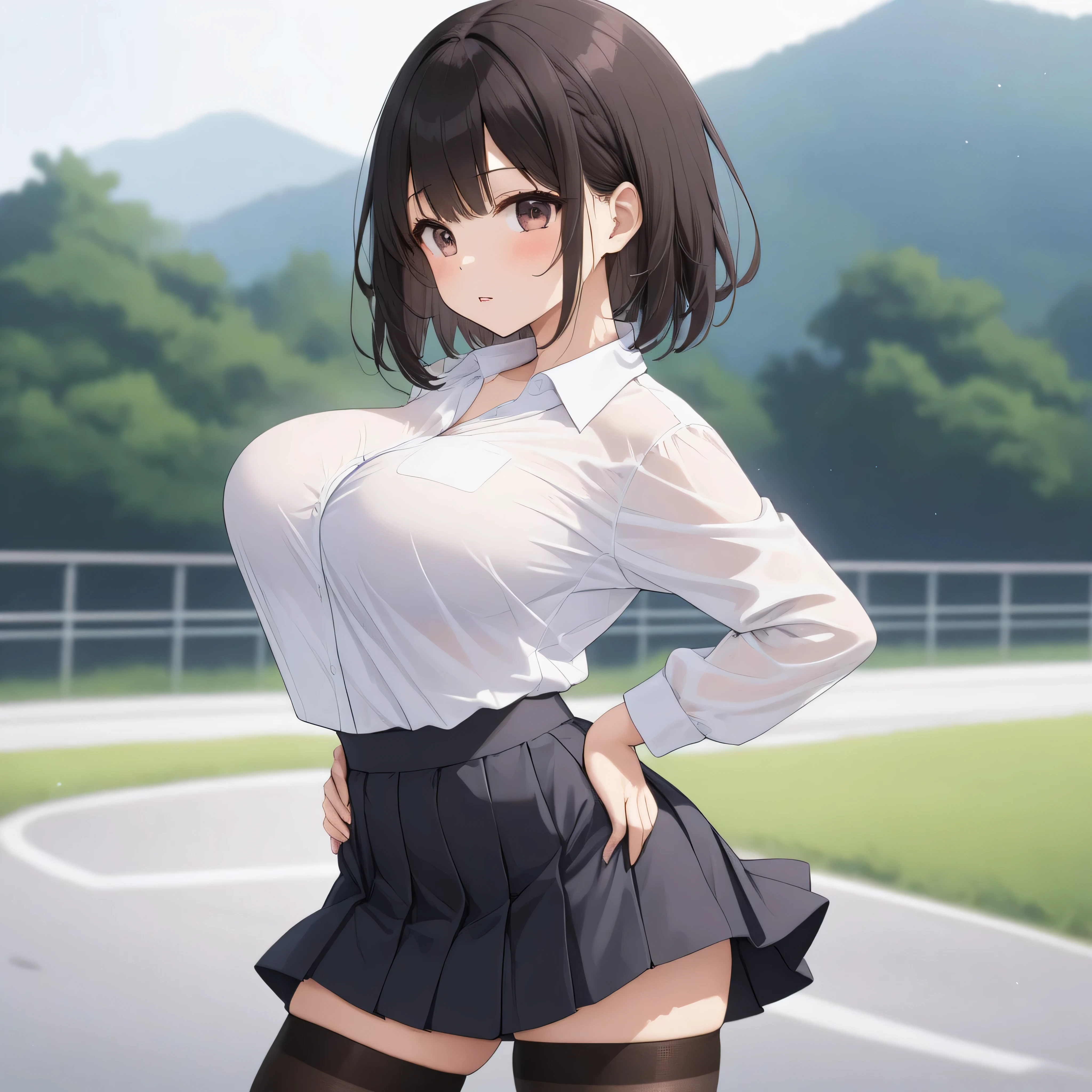 (elementary school), landscape, bra_visible_through_clothes, BREAK, sideview, solo, (1 little elementary school student standing), skinny girl, (bouncing large breasts:1.2), arched back, swaying back, arms behind back, BREAK, (bursting large breasts:1.1), too short torso, too narrow waist, skinny legs BREAK, school uniform, white collared shirts, white bra visible through shirts, two piece lingerie, (flapping black too short high-waist skirt:1.3), (slipping hip:1.4), black thighhighs